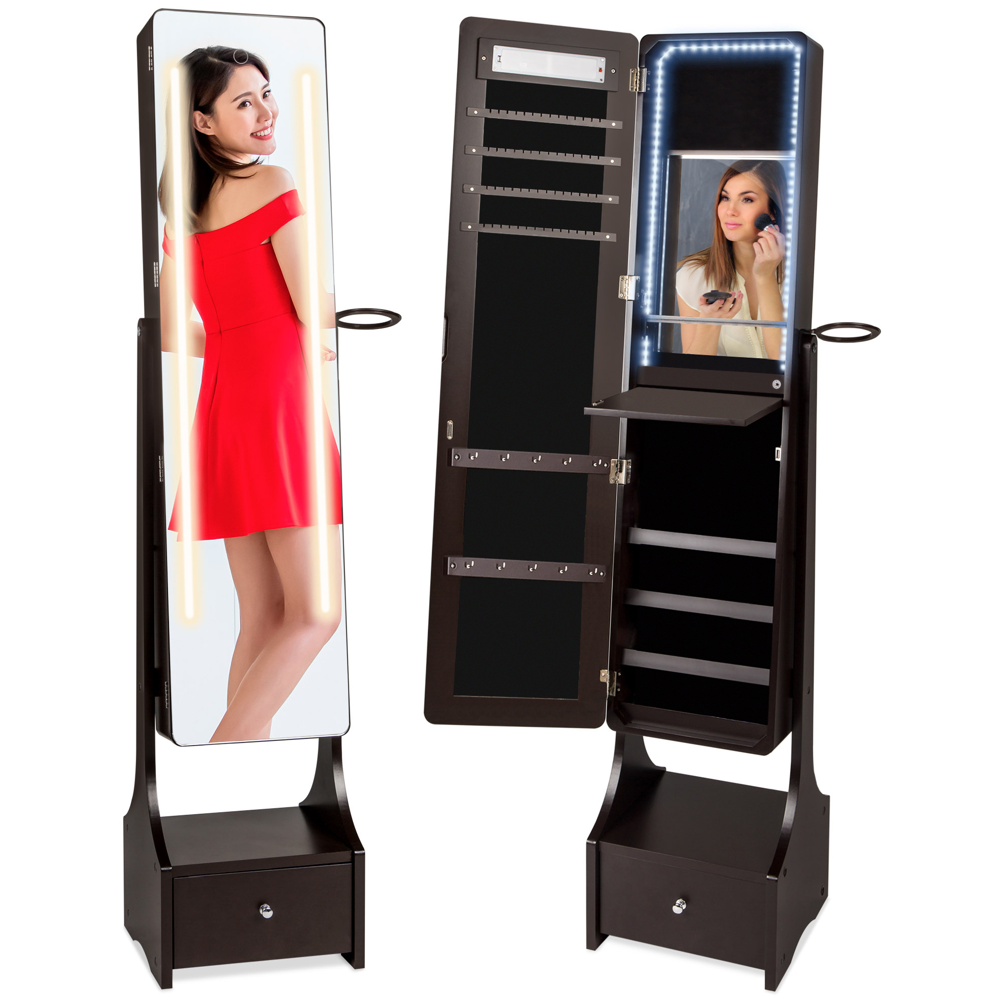 Standing LED Mirrored Jewelry Armoire Organizer, Lockable Full Length Storage Cabinet w/ Interior & Exterior Lights, Touchscreen - Brown