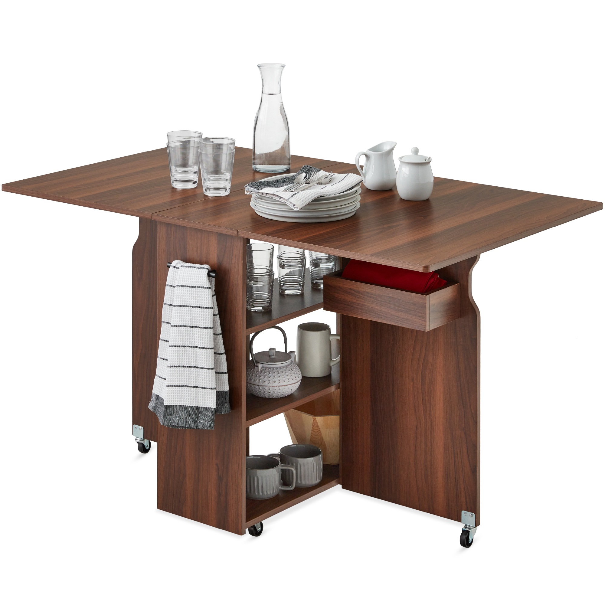 Multipurpose Folding Table w/ Built-in Wheels, 3 Storage Shelves, Cubby, Carrying Handle - Brown - Best Choice Products Online