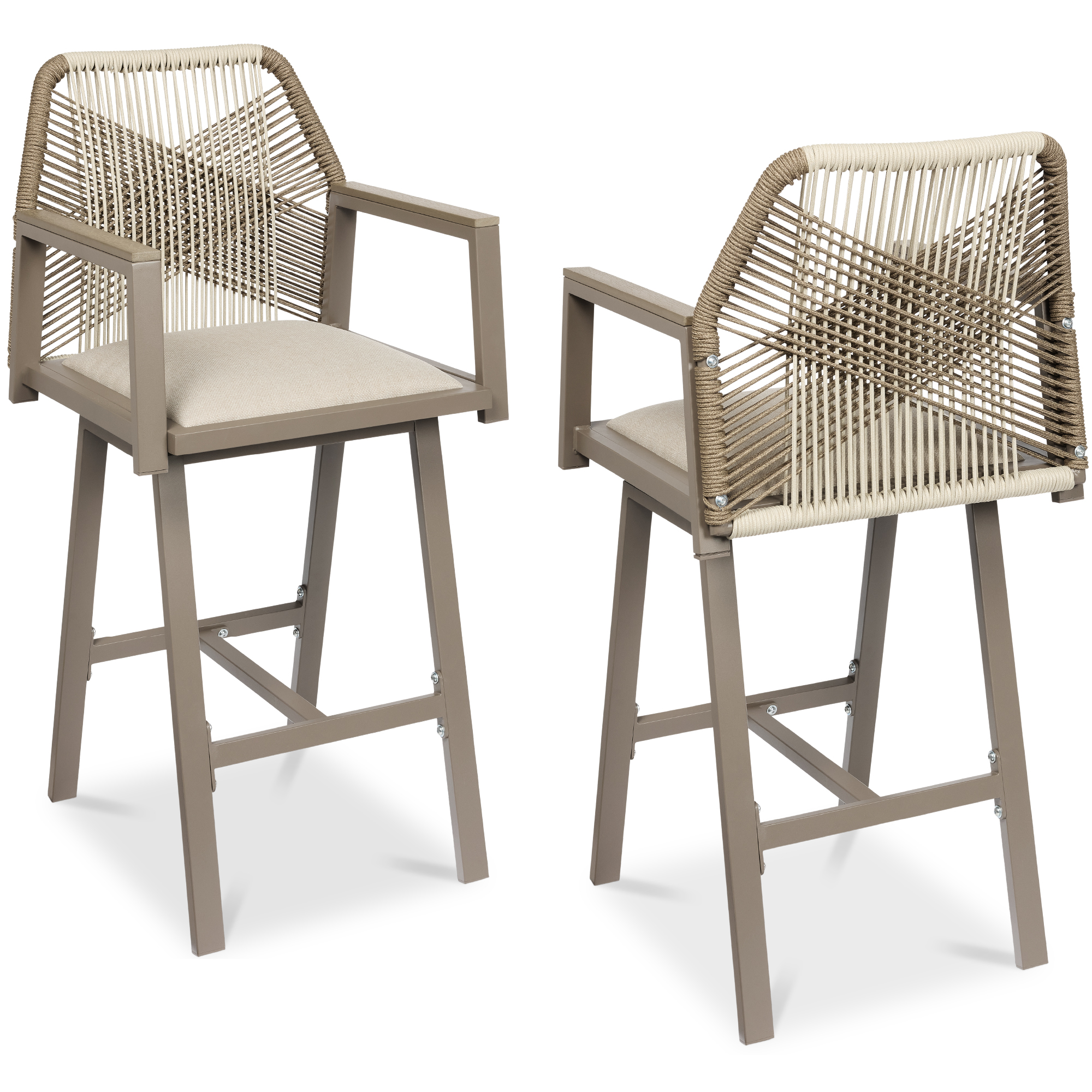 Set of 2 Indoor/Outdoor Aluminum, Woven Rope Swivel Barstools w/ Armrests - Taupe/Sandstorm - Best Choice Products Online
