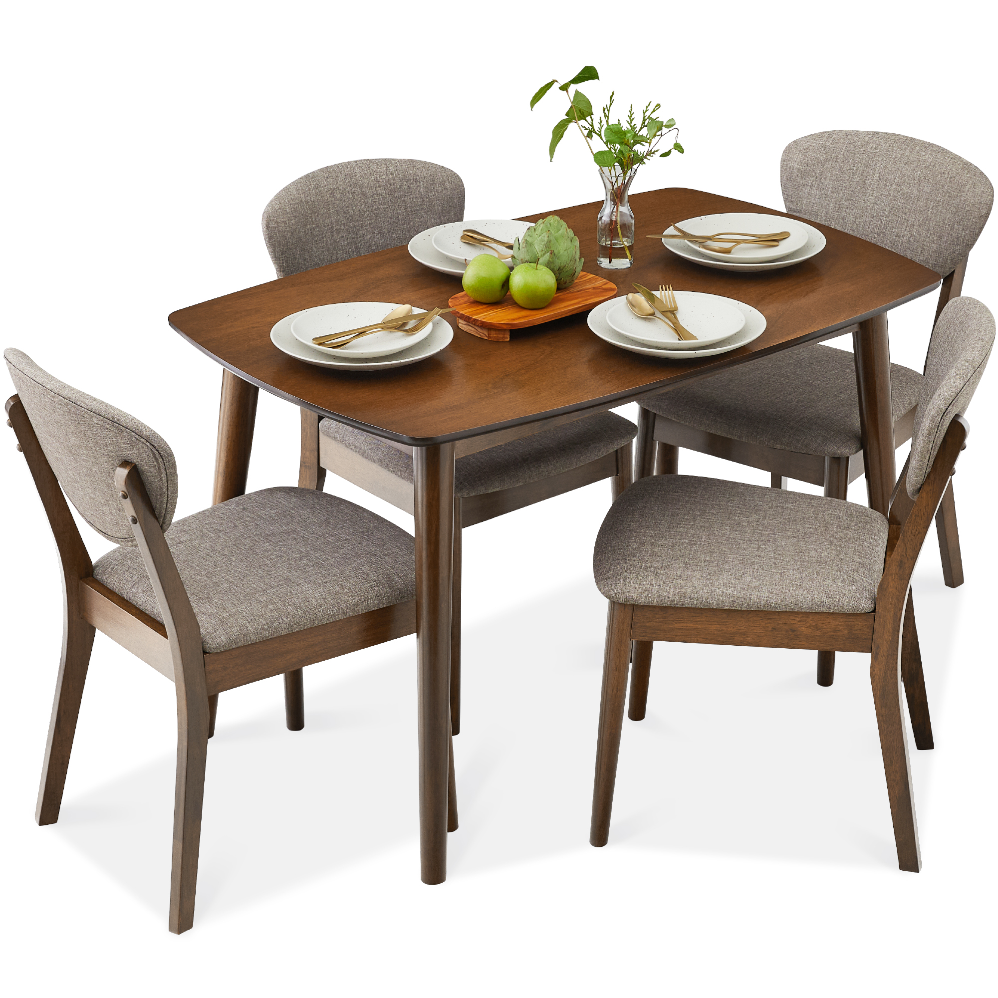 Compact 5-Piece Wooden Mid-Century Modern Dining Set w/ 4 Chairs, Padded Seat & Back - Brown/Light Gray - Best Choice Products Online