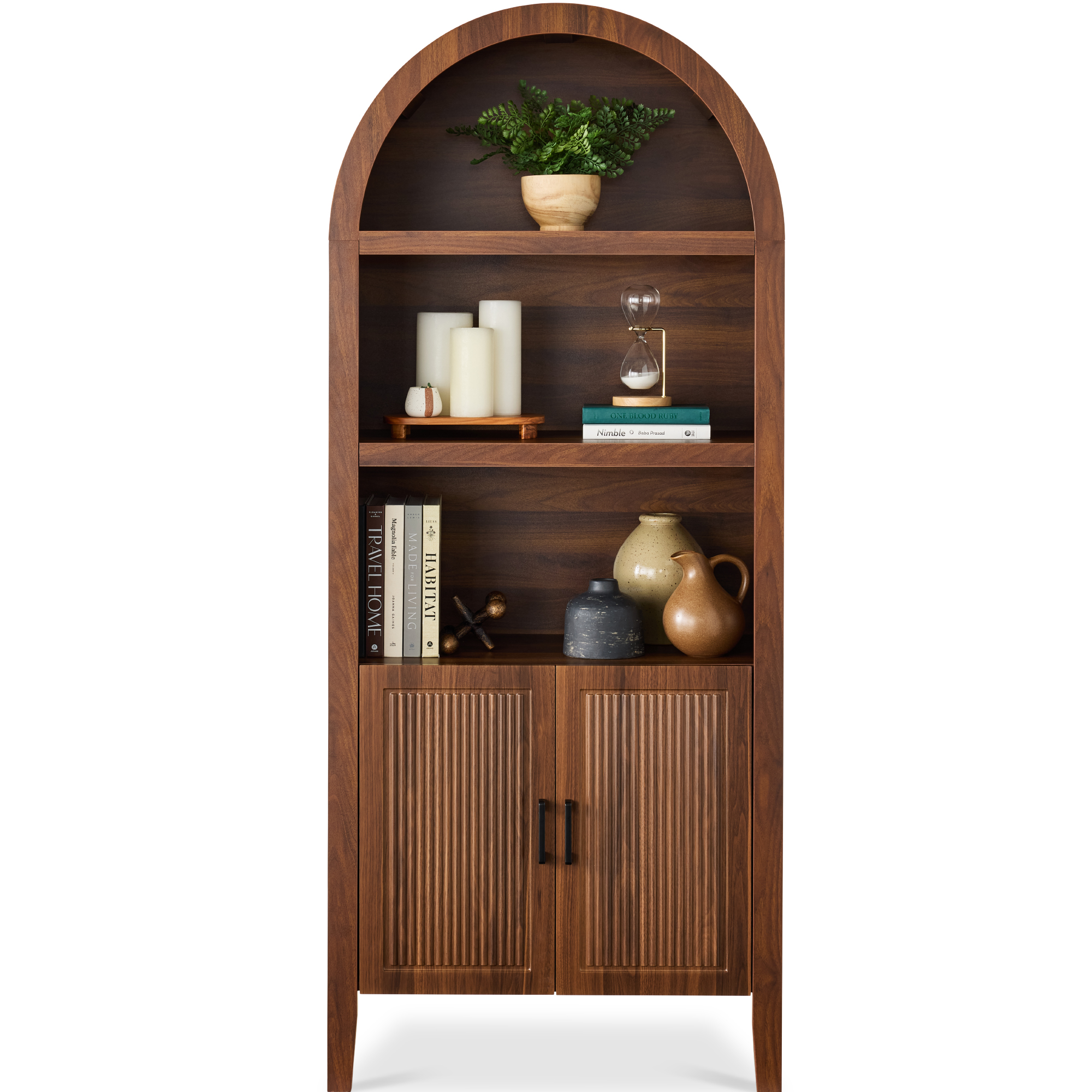72in Tall Arched 5-Tier Bookshelf Storage Cabinet w/ Adjustable Shelves - Walnut - Best Choice Products Online