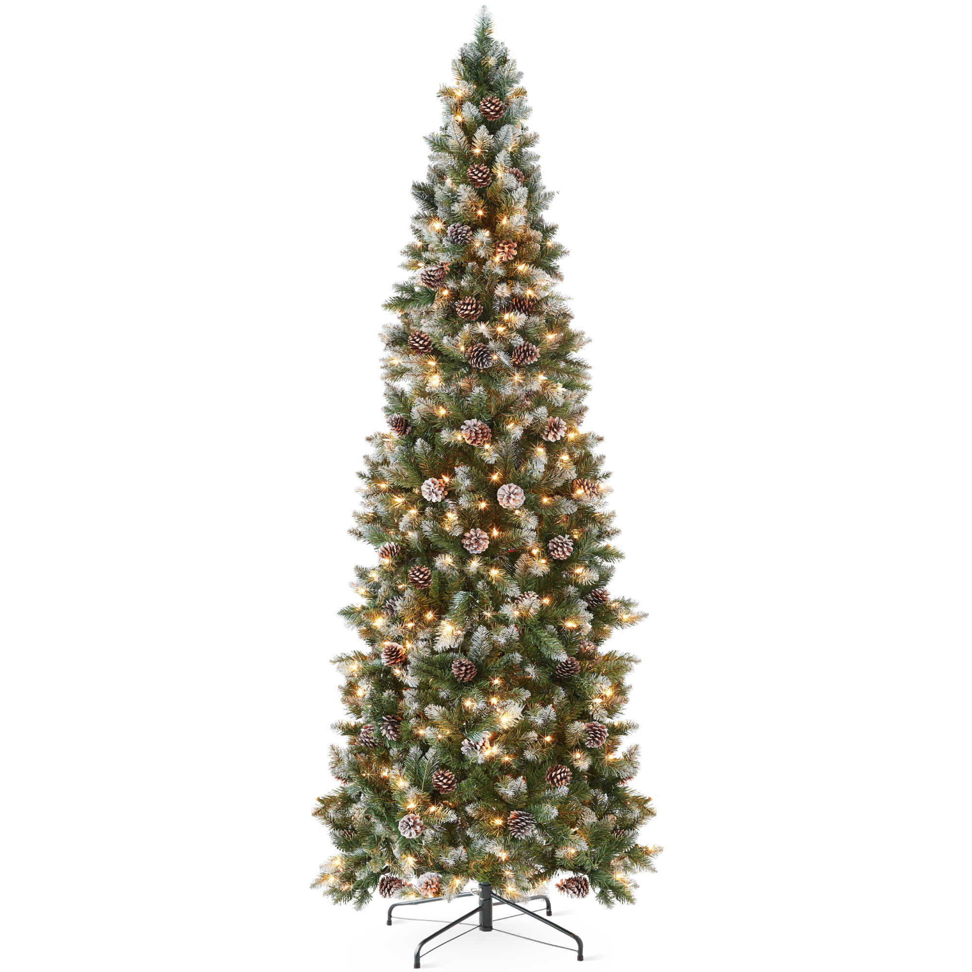 4.5ft Pre-Lit Partially Flocked Pencil Christmas Tree w/ 150 Lights, Pine Cones, Foldable Stand - Best Choice Products Online
