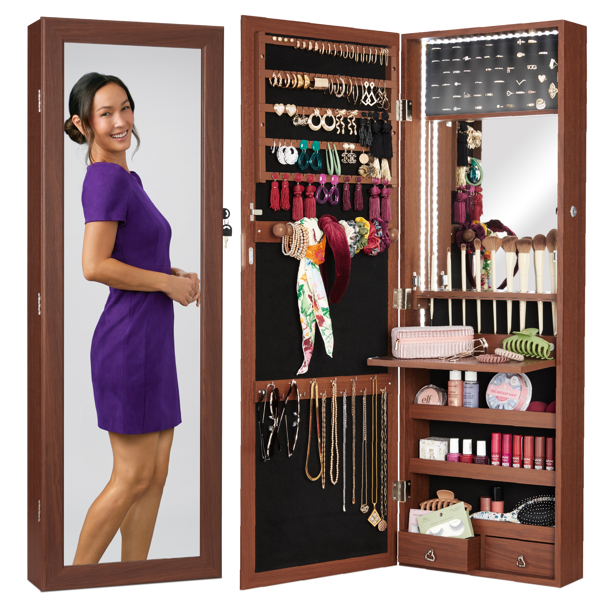 Wall & Door Mount Hanging Mirror Jewelry Armoire Cabinet w/ LED Lights, Cosmetics Tray, Lock - Walnut - Best Choice Products Online