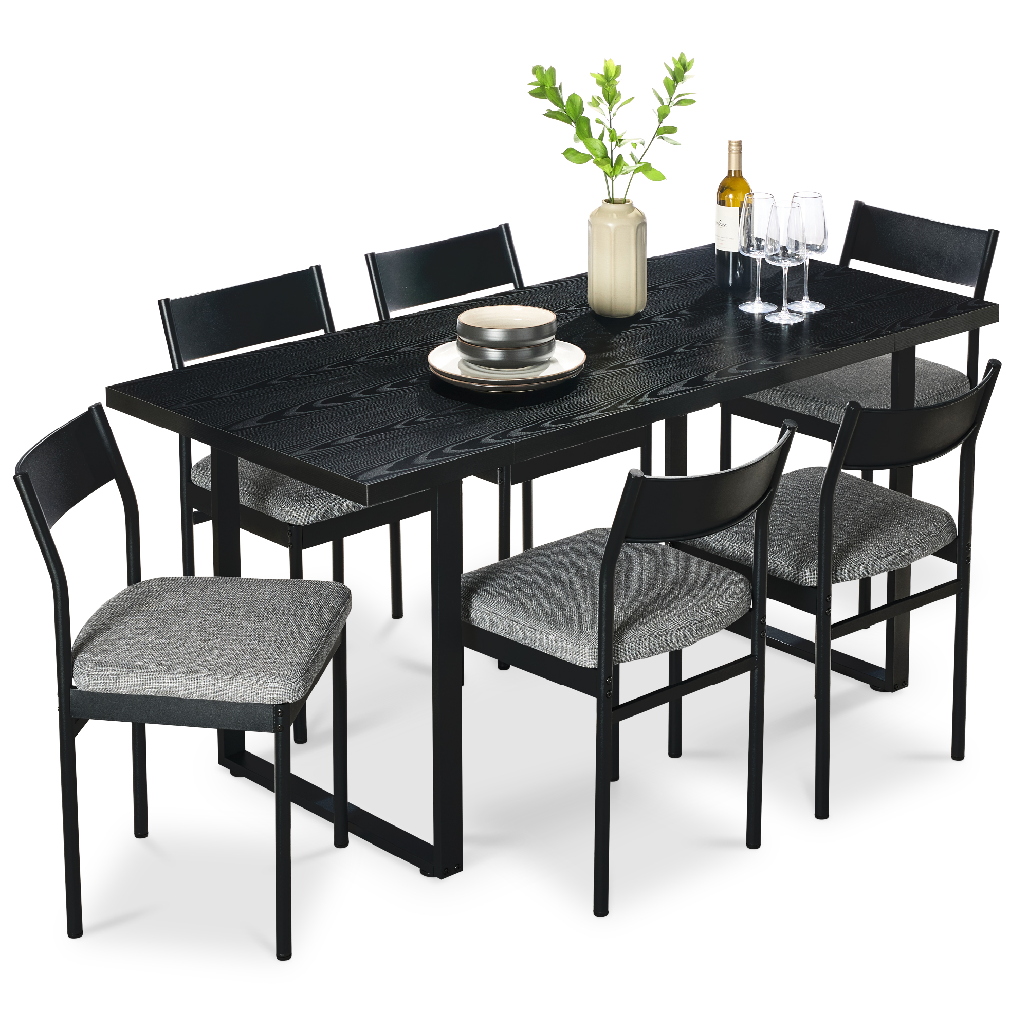 7-Piece Modern Dining Set, Kitchen Table w/ 6 Cushioned Chairs, Metal Frame - Black/Gray - Best Choice Products Online