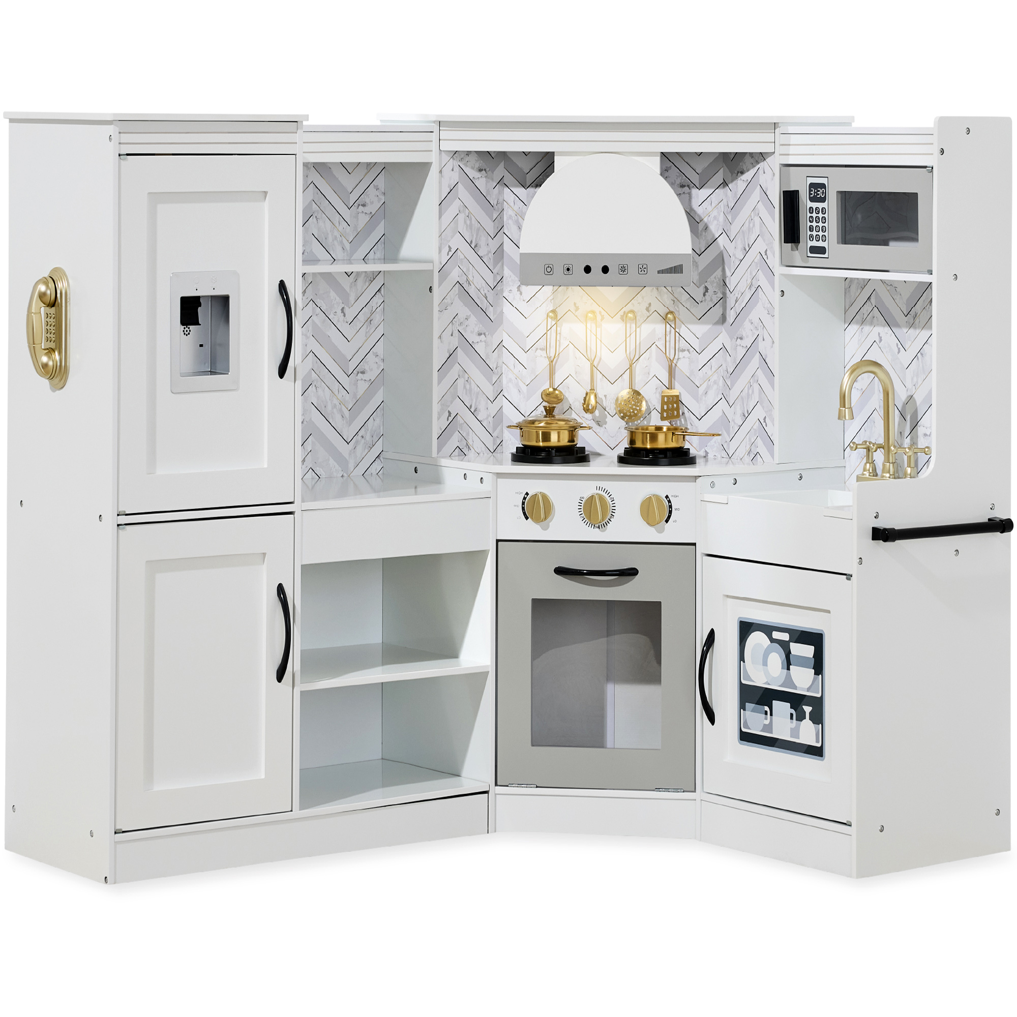 Pretend Play Corner Kitchen, Ultimate Wooden Toy Set For Kids w/ 6 Accessories - White - Best Choice Products Online