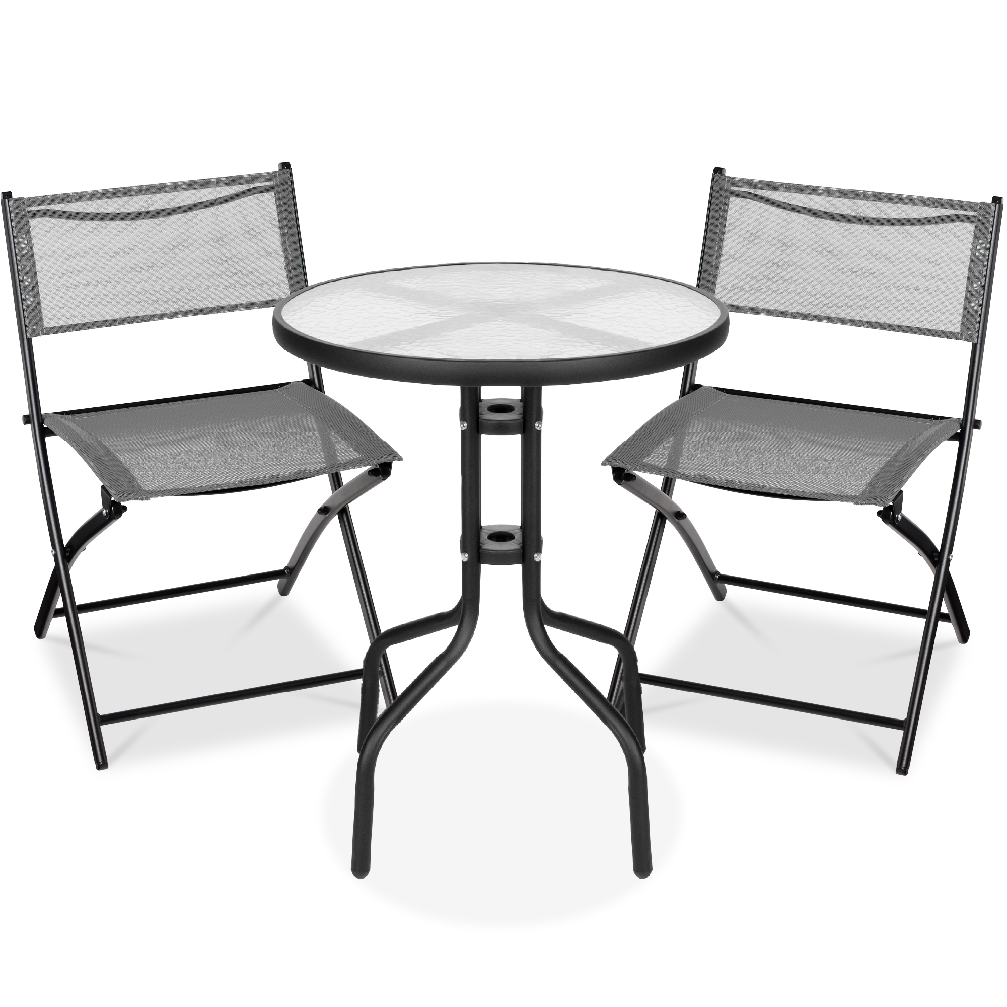 3-Piece Patio Bistro Dining Furniture Set w/ Glass Tabletop, Folding Chairs - Gray - Best Choice Products Online