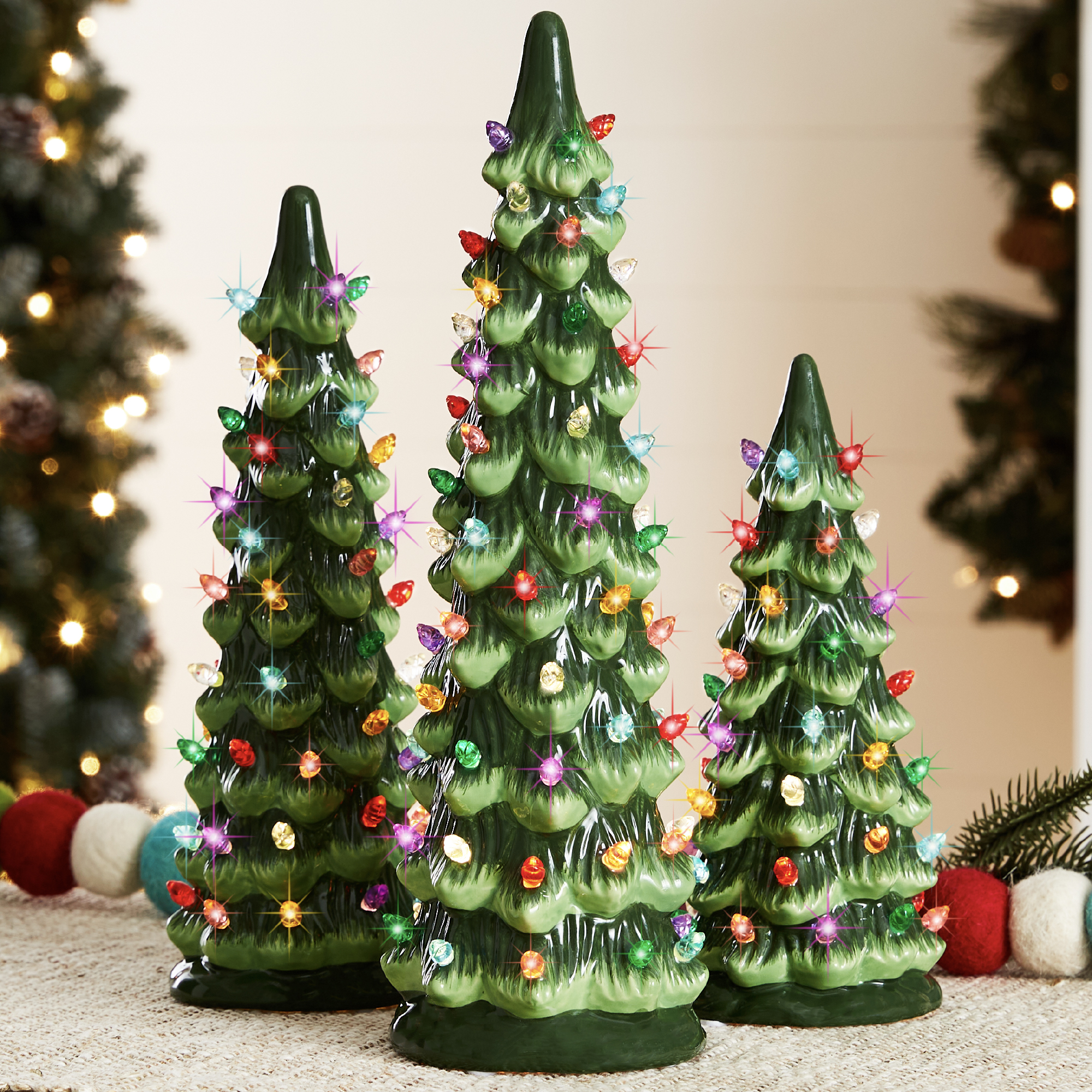 Set of 3 Pre-Lit Hand-Painted Ceramic Tabletop Christmas Trees w/ Multicolor Lights - Green - Best Choice Products Online