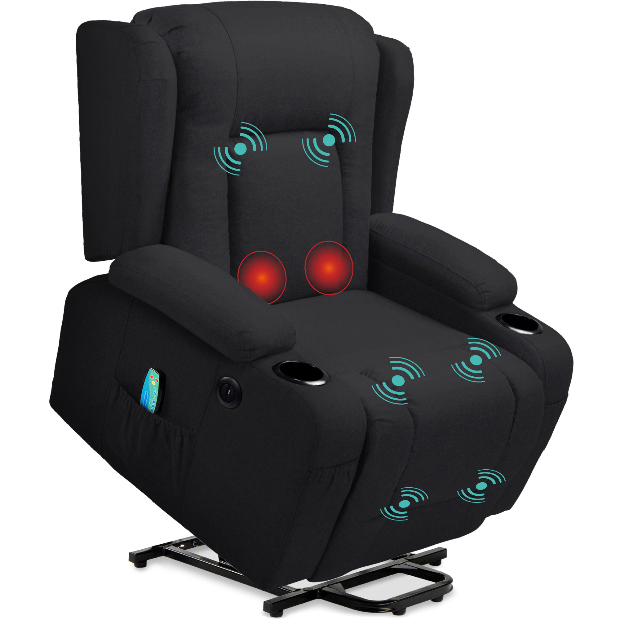 Electric Power Lift Linen Recliner Massage Chair Furniture w/ USB Port, Heat, Cupholders - Black - Best Choice Products Online