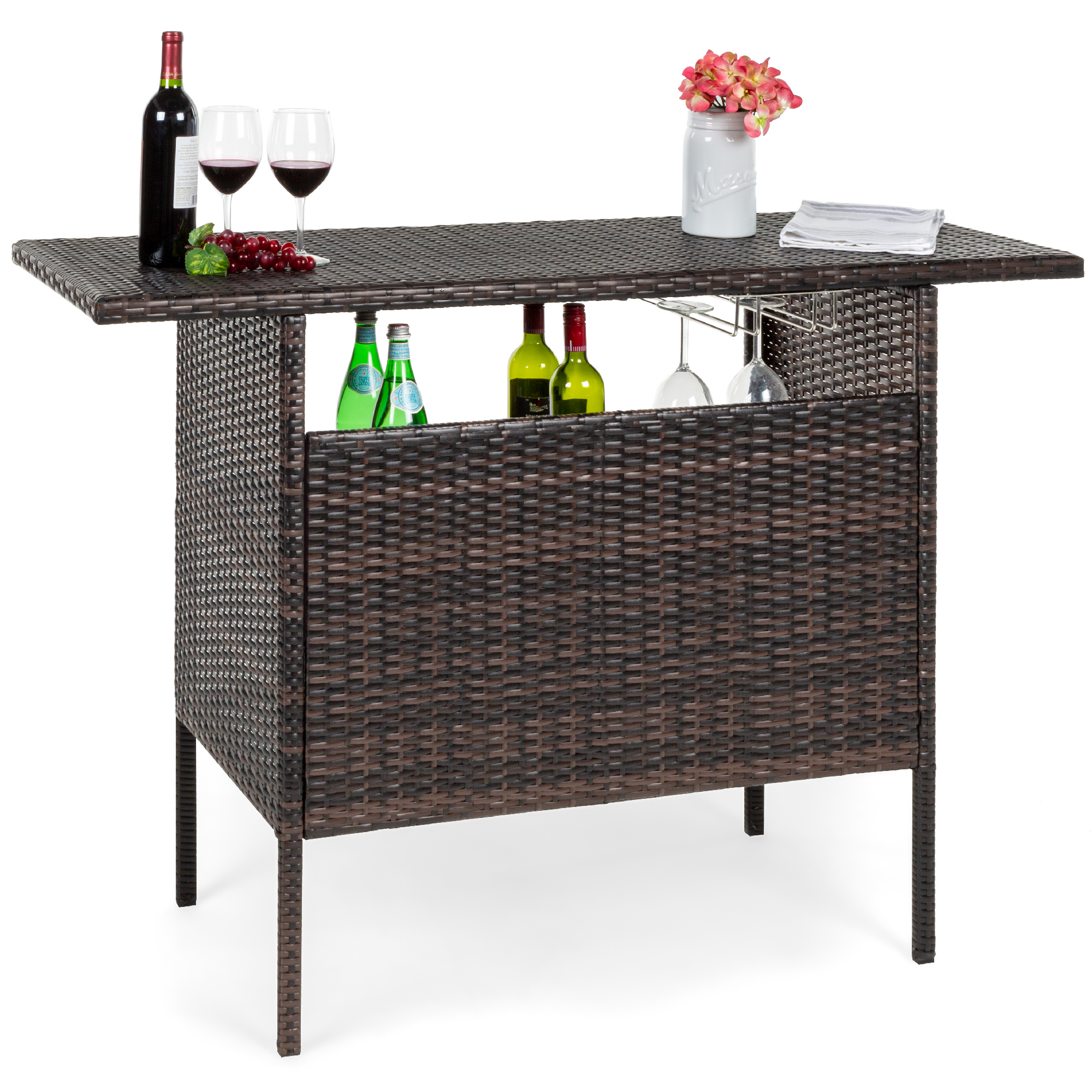 Outdoor Patio Wicker Bar Counter Table w/ 2 Steel Shelves, 2 Sets of Rails - Brown | Best Choice Products Online