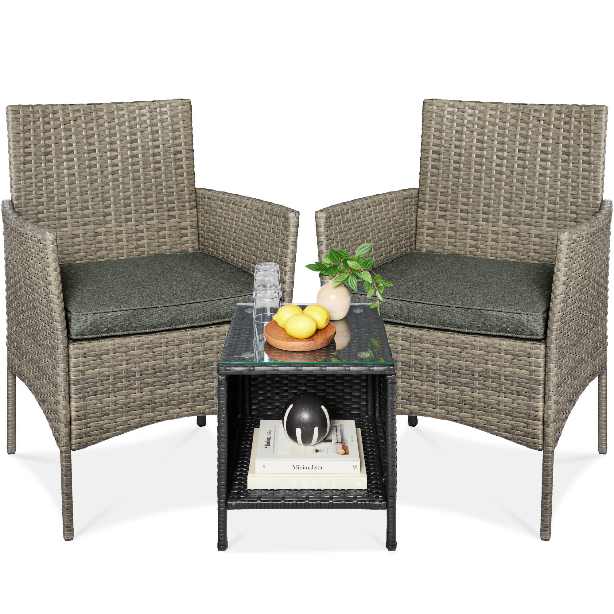 3-Piece Outdoor Wicker Conversation Bistro Set, Patio Chat Furniture w/ Side Storage Table - Taupe/Slate Green - Best Choice Products Online
