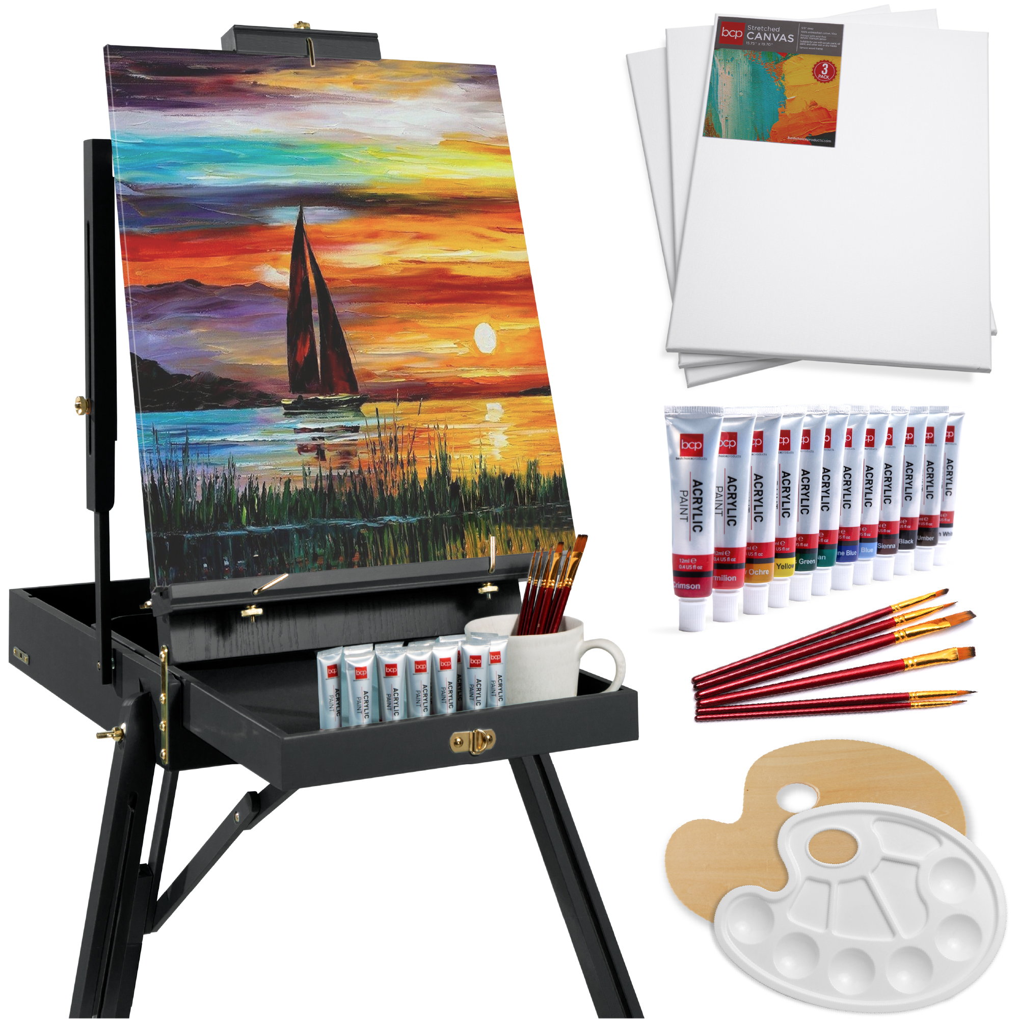 French Easel, 32pc Beginners Kit Portable Wooden Adjustable Tripod w/ Paint Supplies - Black - Best Choice Products Online