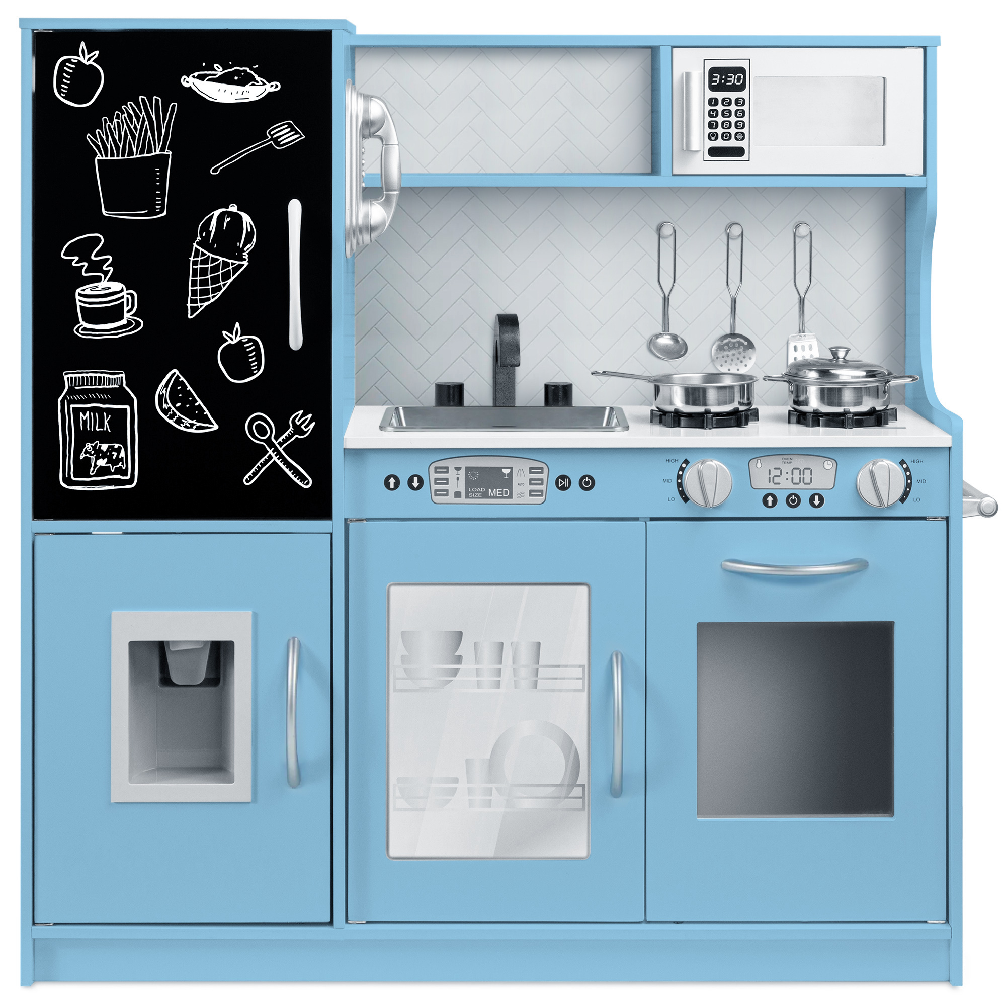 Pretend Play Kitchen Wooden Toy Set for Kids w/ Telephone, Utensils, Oven, Microwave - Blue - Best Choice Products Online