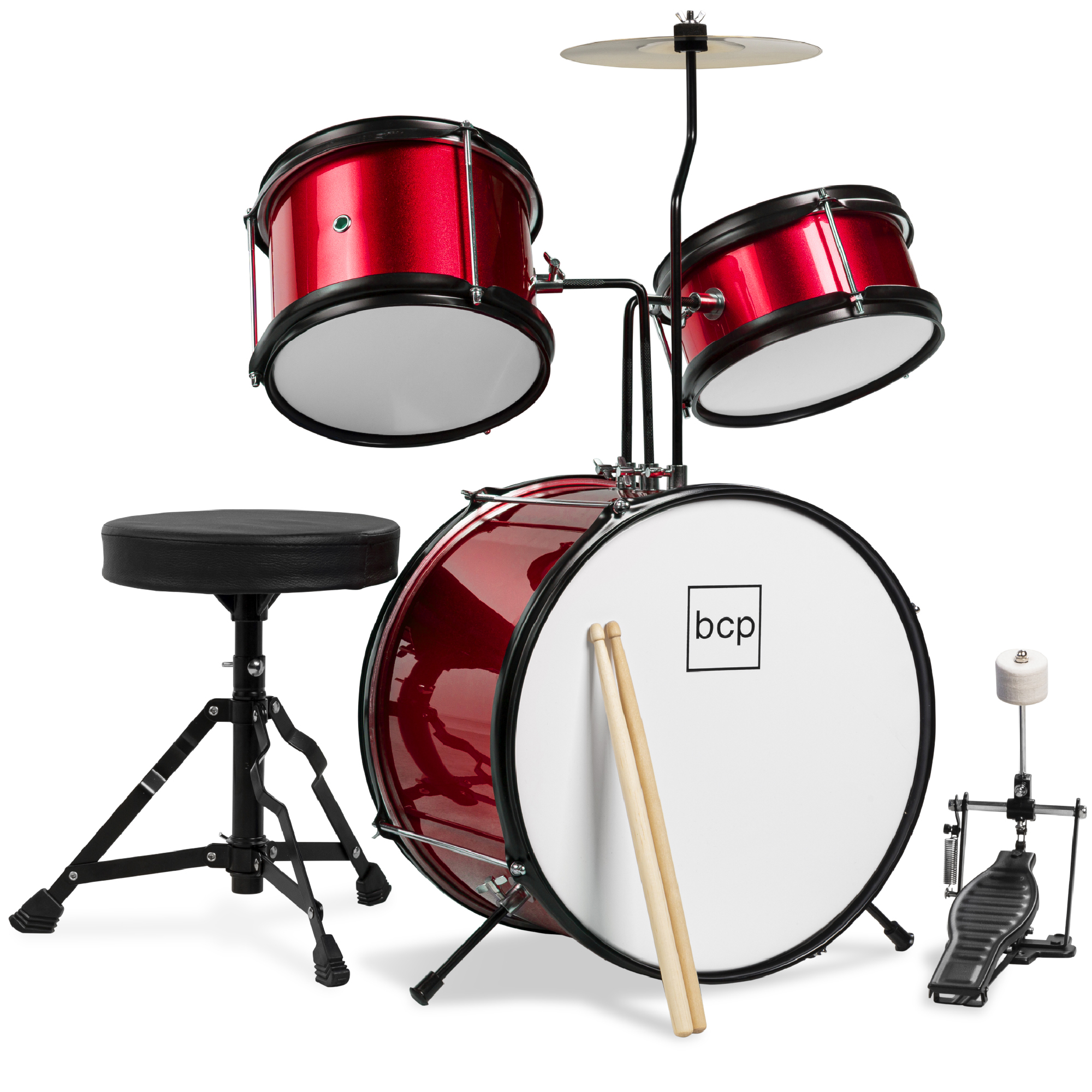 Best Choice Products Kids Beginner 3-Piece Drum, Musical Instrument Set w/ Sticks, Cushioned Stool, Drum Pedal - Red