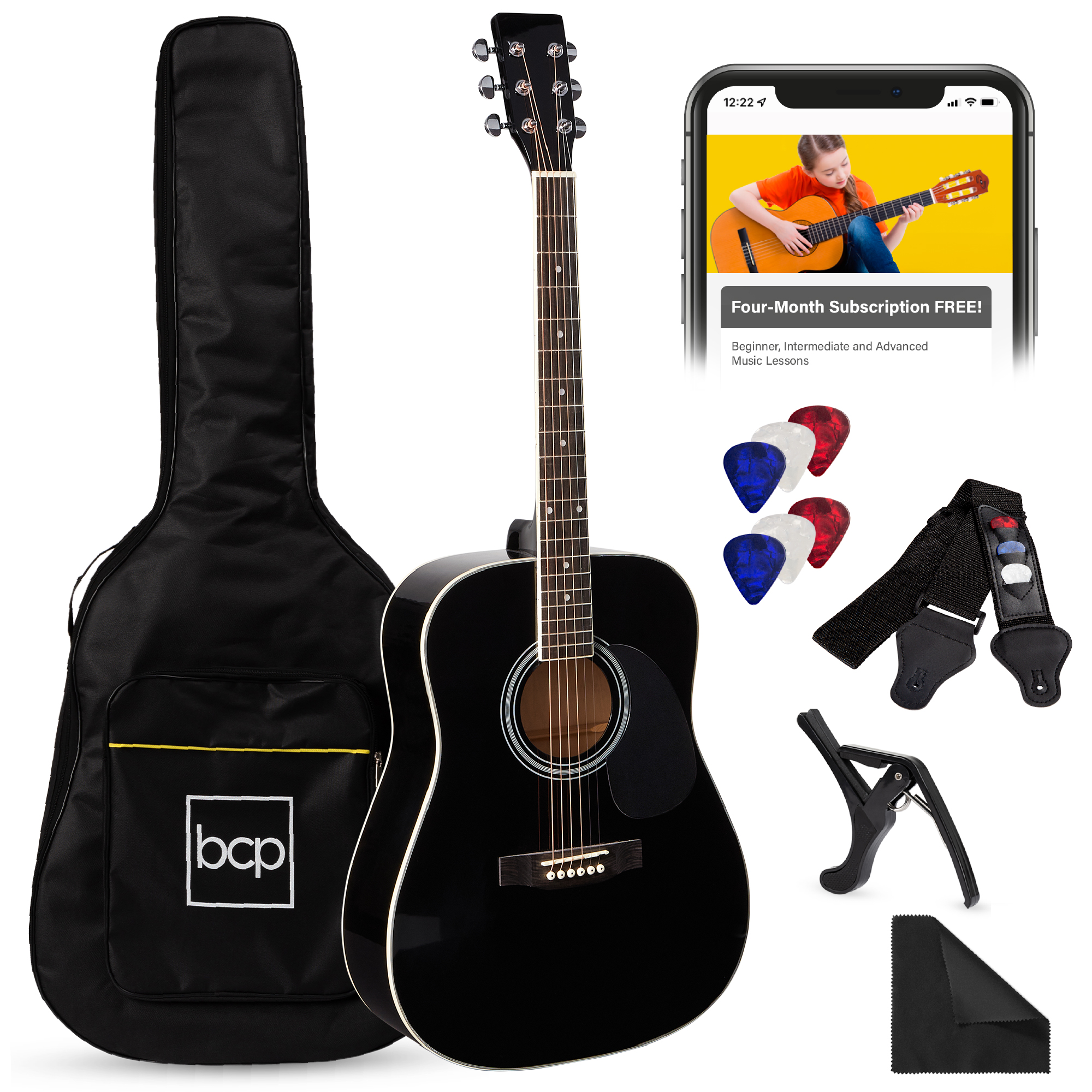 41in Full Size All-Wood Acoustic Guitar Starter Kit w/Gig Bag, E-Tuner, Pick, Strap, Rag - Black - Best Choice Products Online