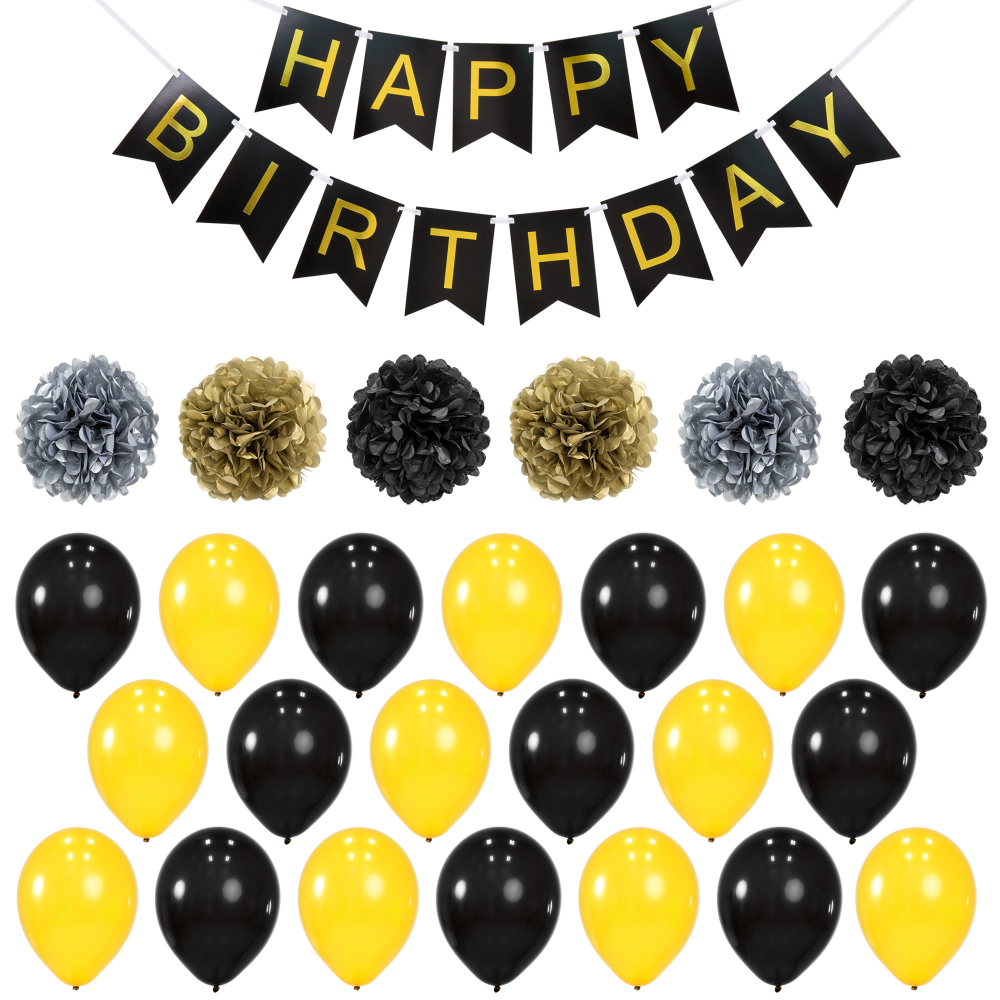 Best Choice Products Birthday Party Balloon Decor Set w/ Happy Birthday Banner, 6 Pom-Poms, 20 Balloons - Gold/Black