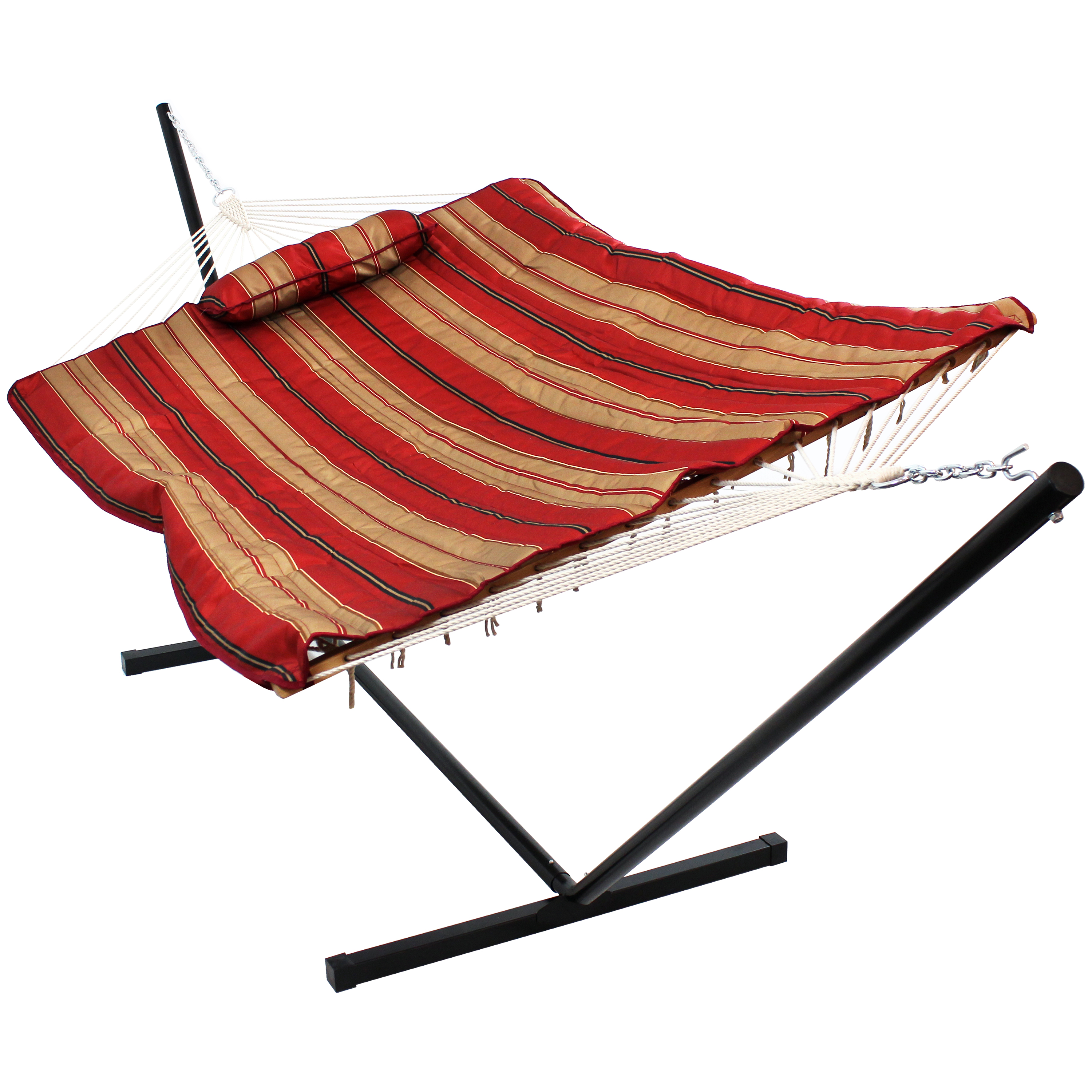 Sunnydaze Cotton Rope Hammock with 12 Foot Steel Stand, Pad and Pillow, 275 Pound Capacity, Awning Stripe