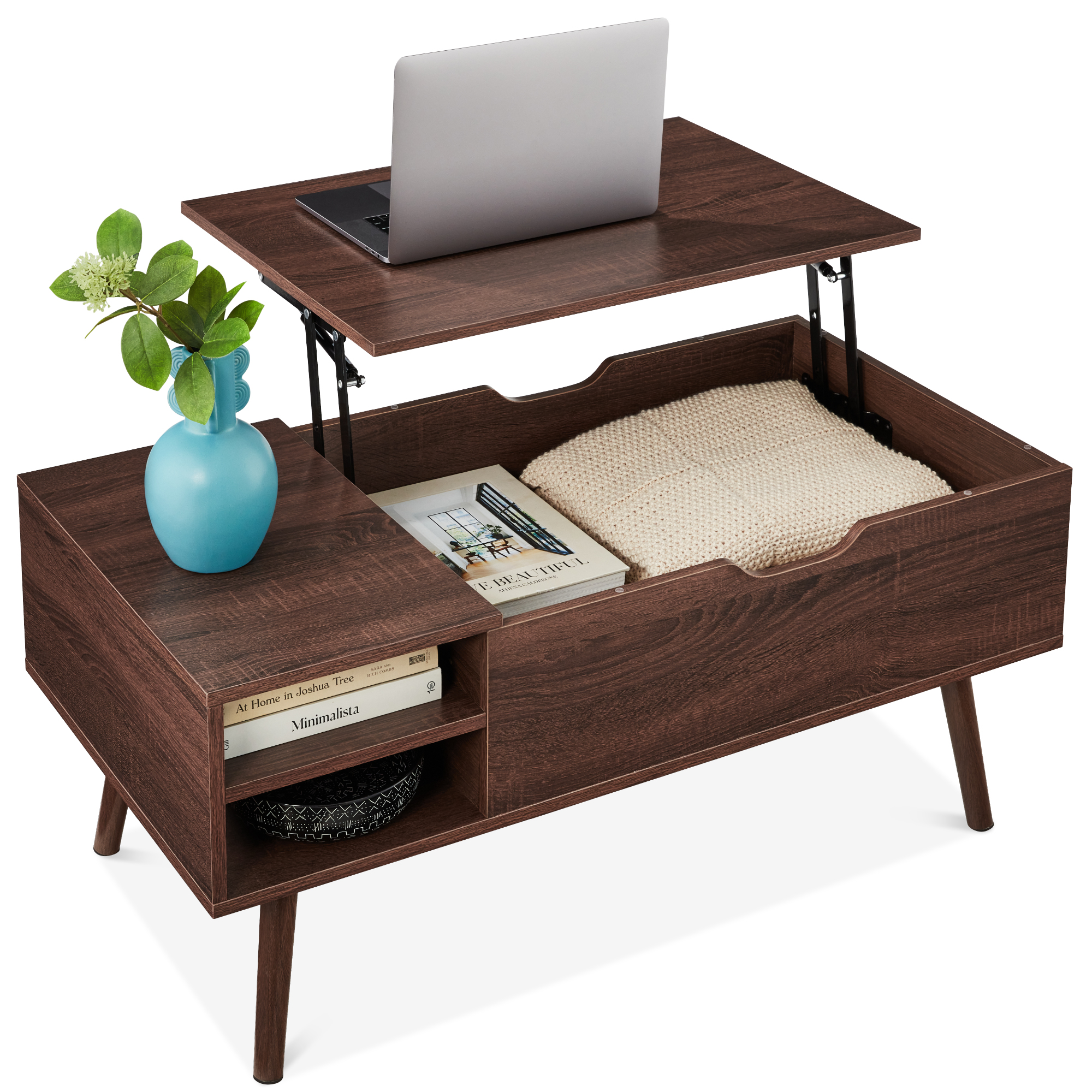 Wooden Mid-Century Modern Lift Top Coffee Table w/ Hidden Storage, Removable Shelf - Walnut - Best Choice Products Online