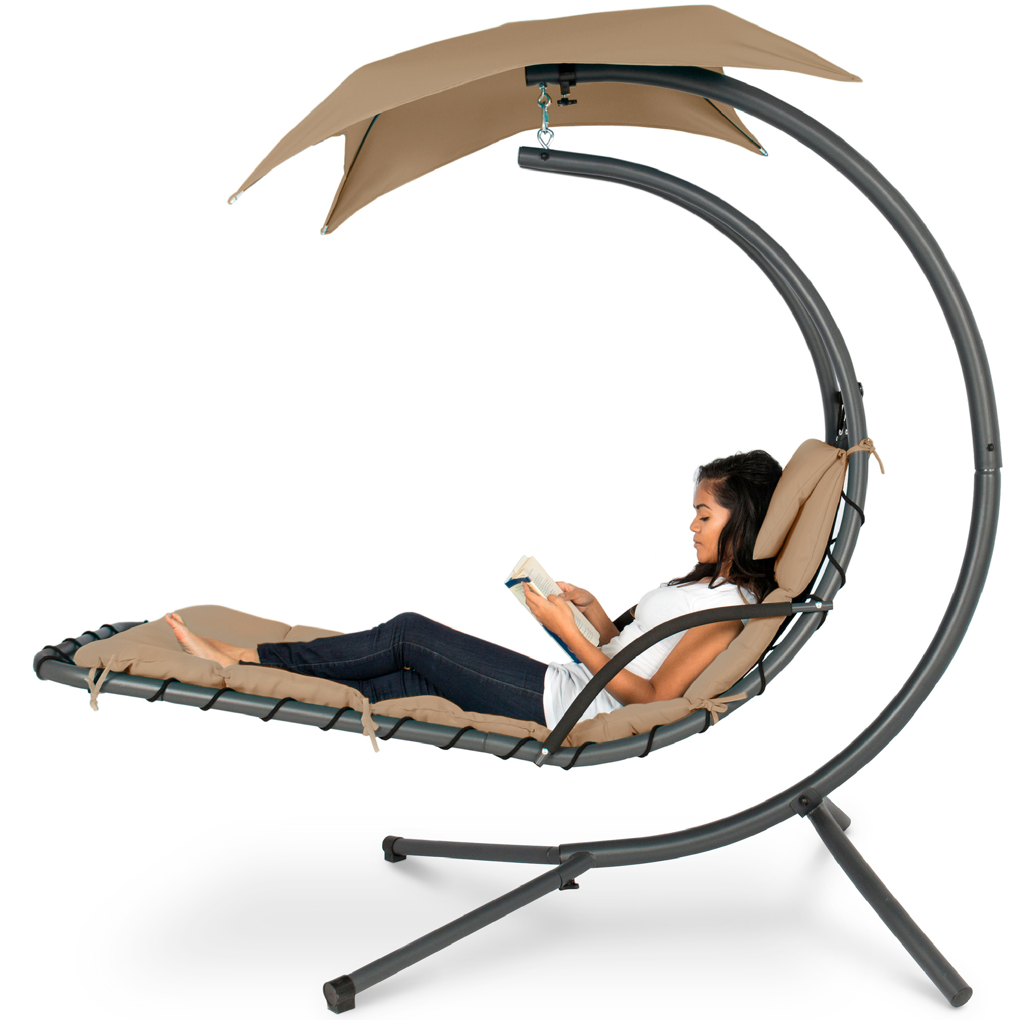 Hanging Curved Chaise Lounge Chair Swing For Backyard, Patio w/ Pillow, Canopy, Stand - Tan - Best Choice Products Online