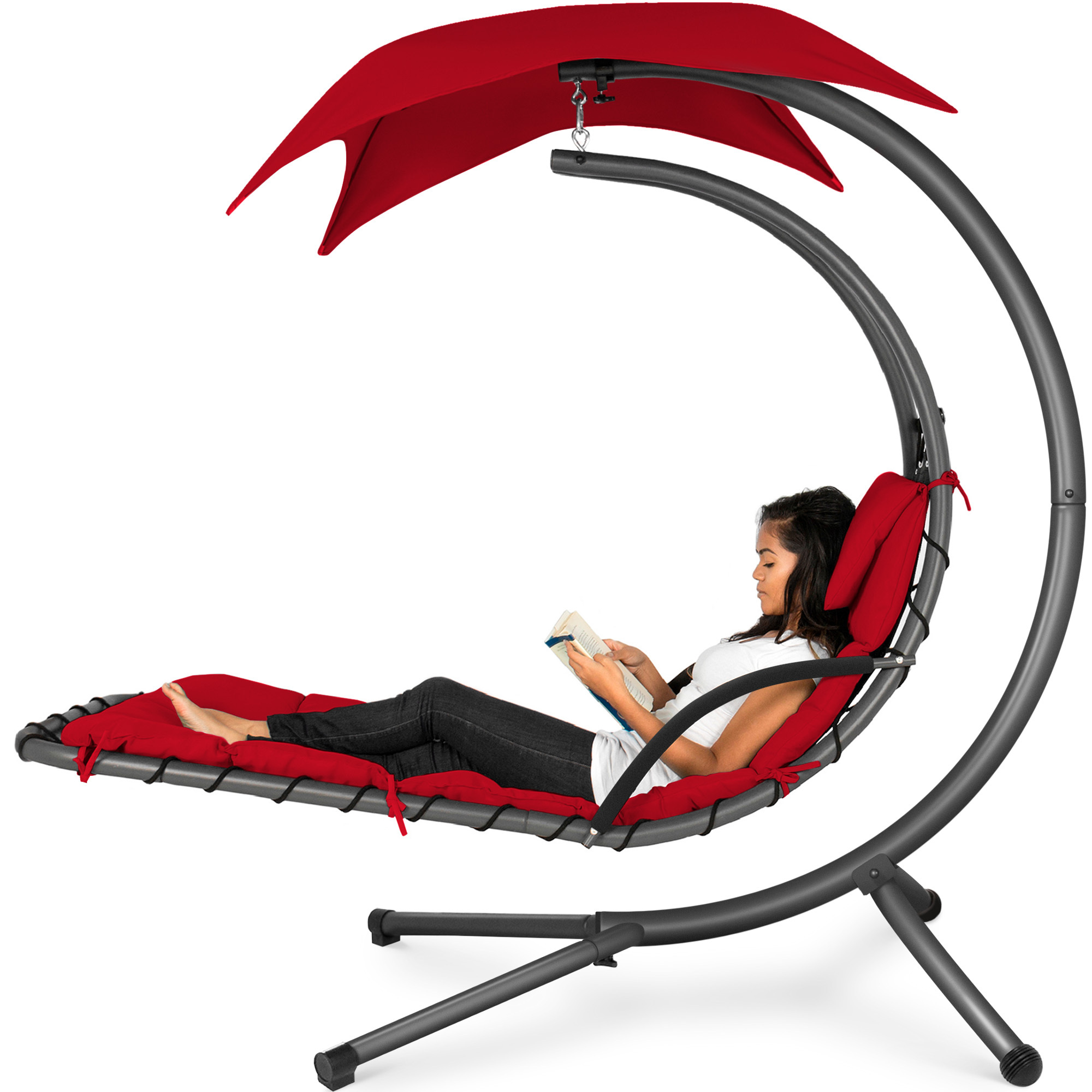 Hanging Curved Chaise Lounge Chair Swing For Backyard, Patio w/ Pillow, Canopy, Stand - Red - Best Choice Products Online