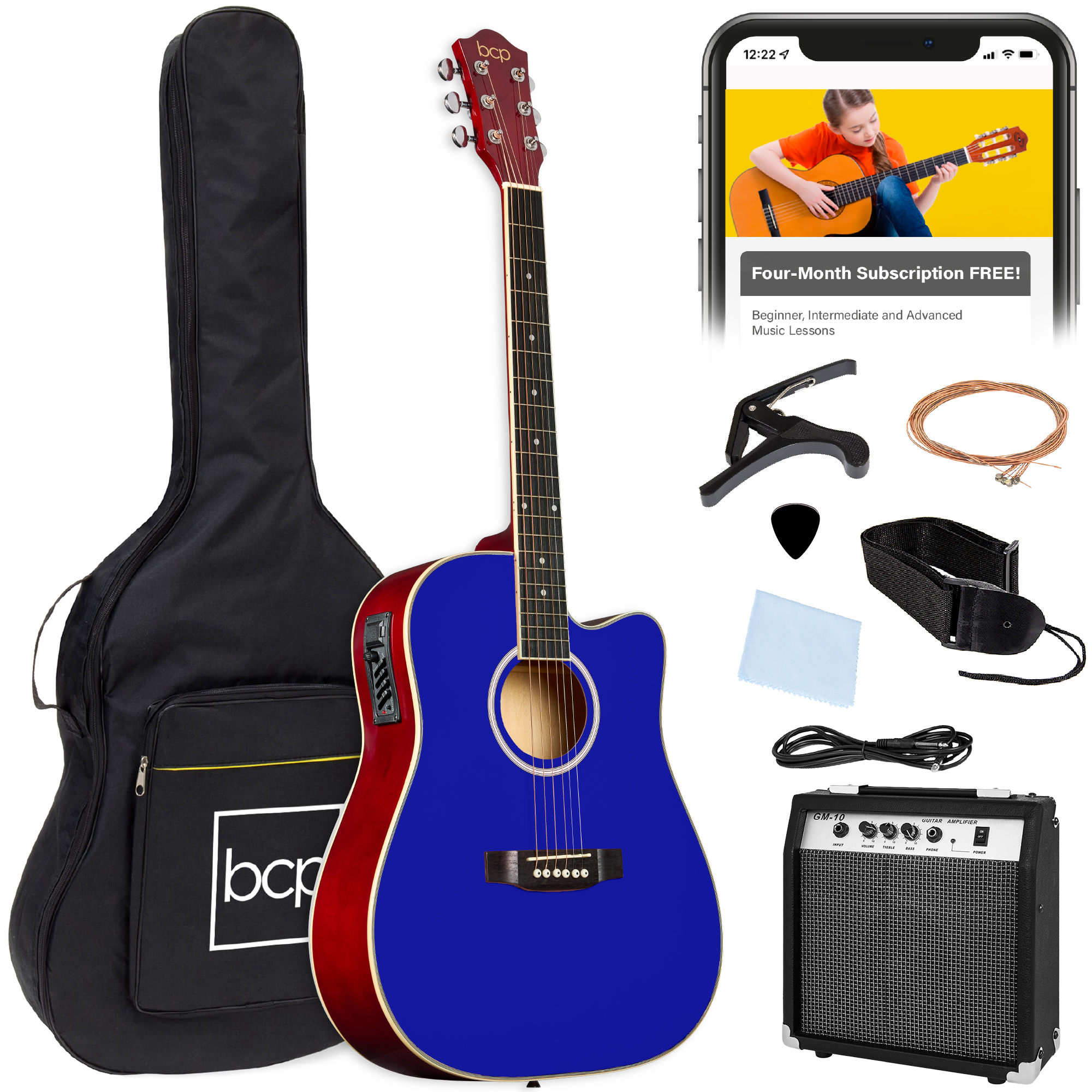 Beginner Acoustic Electric Guitar Starter Set 41in w/ Wood Cutaway Design, Gig Bag - Dark Blue - Best Choice Products Online