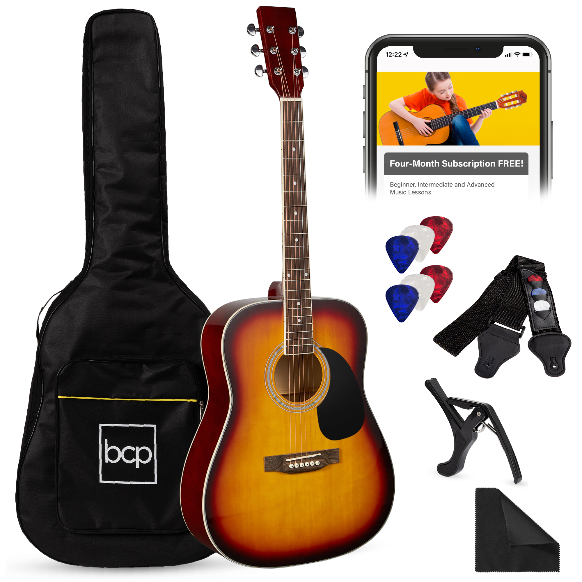 41in Full Size All-Wood Acoustic Guitar Starter Kit w/Gig Bag, E-Tuner, Pick, Strap, Rag - Sunburst - Best Choice Products Online