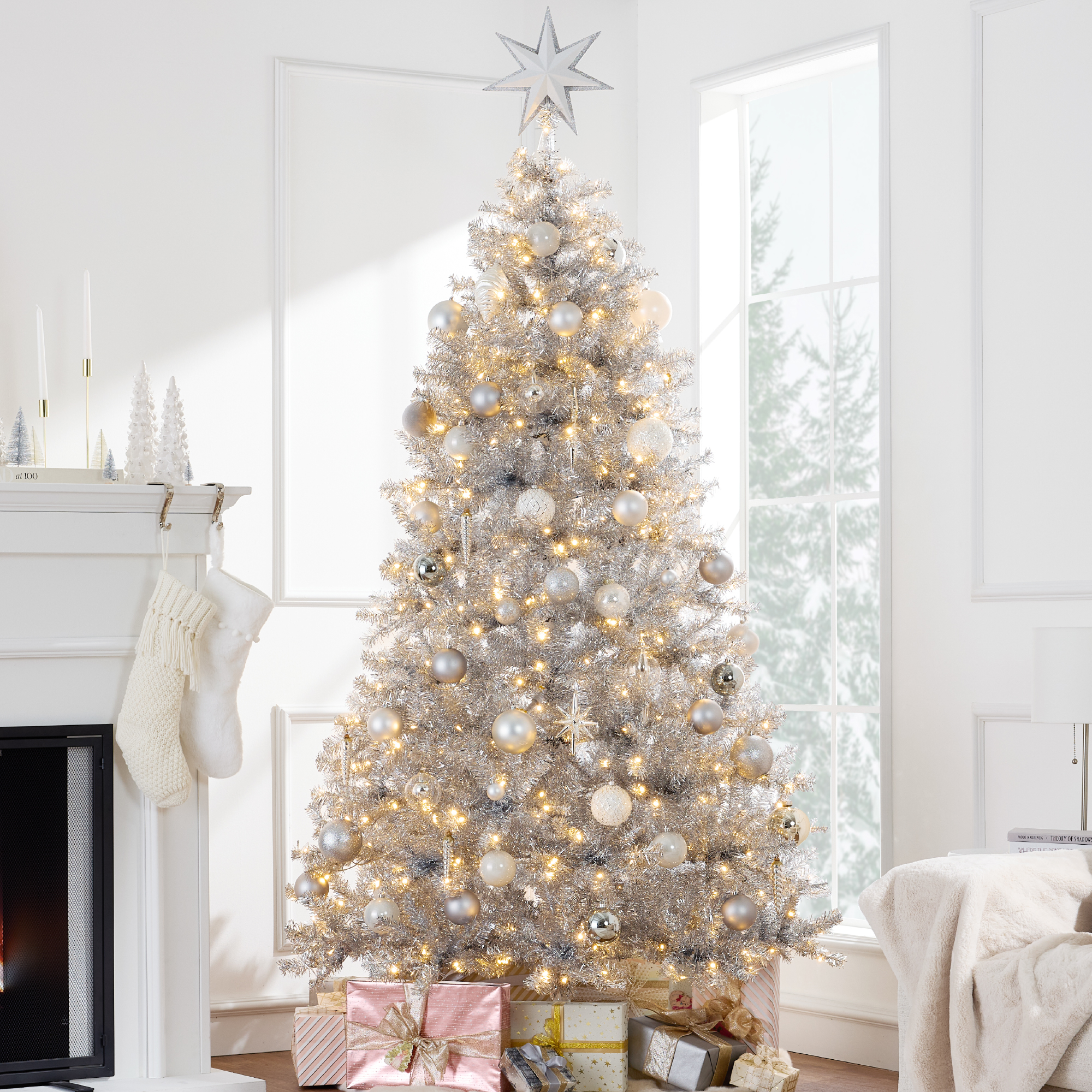 9ft Pre-Lit Artificial Tinsel Christmas Tree Festive Holiday Decoration w/ 2,097 Tips - Silver - Best Choice Products Online