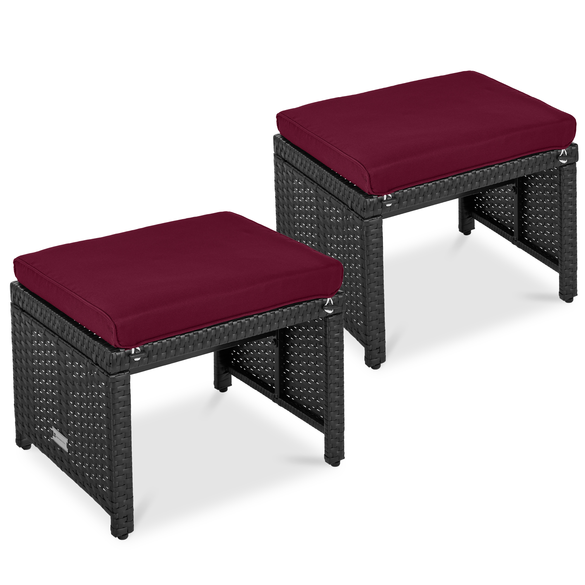 Multipurpose Patio Wicker Ottomans w/ Removable Cushions, Steel Frame, Set of 2 - Deep Burgundy/Black - Best Choice Products Online