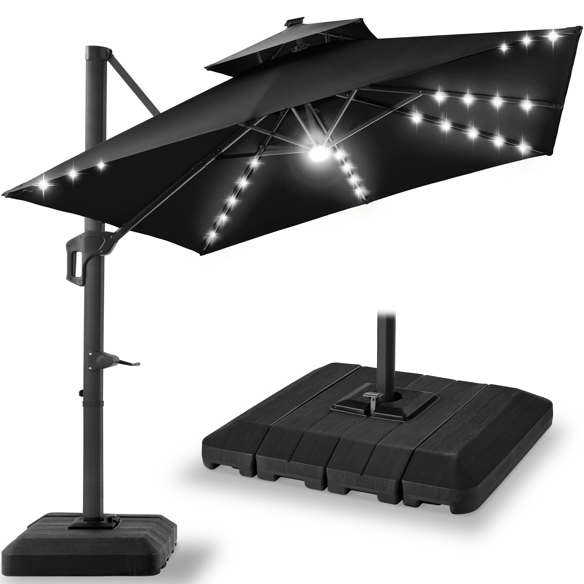 10ft 2-Tier Square Outdoor Solar LED Cantilever Patio Umbrella w/ Base Included - Black - Best Choice Products Online