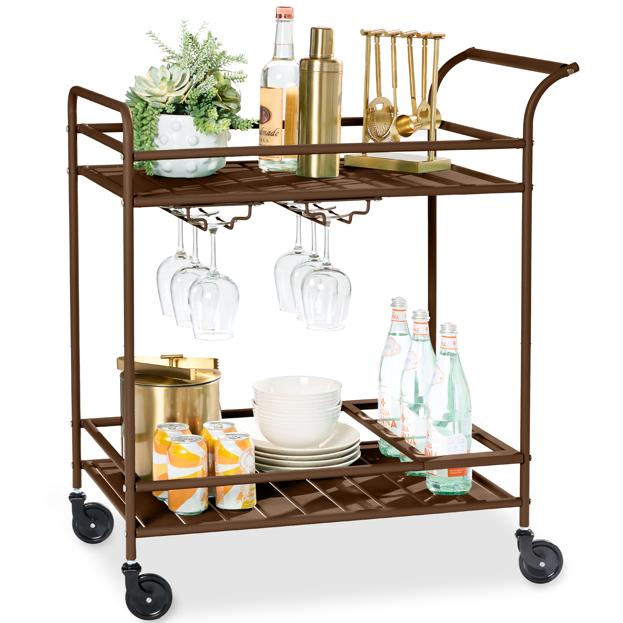 2-Tier Rolling Bar Cart Indoor/Outdoor w/ Storage Shelves, Wine Rack, Lockable Wheels - Brown - Best Choice Products Online