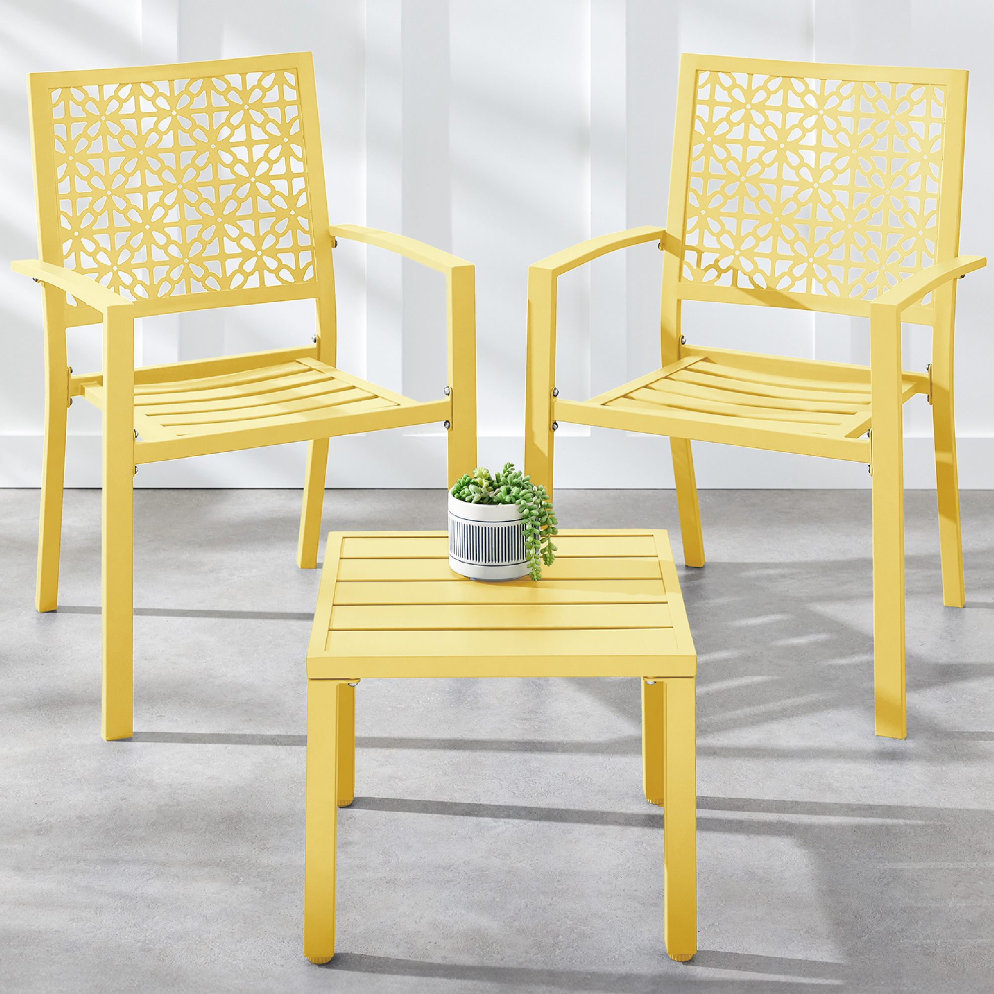 3-Piece Stackable Steel Outdoor Conversation Bistro Set, Patio Chat Furniture w/ 2 Chairs, Table - Yellow - Best Choice Products Online