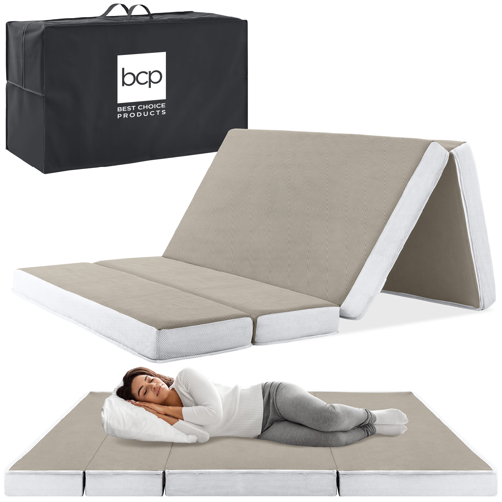 4in Thick Folding Portable Full Mattress Topper w/ Carry Case, Washable Cover - Taupe - Best Choice Products Online