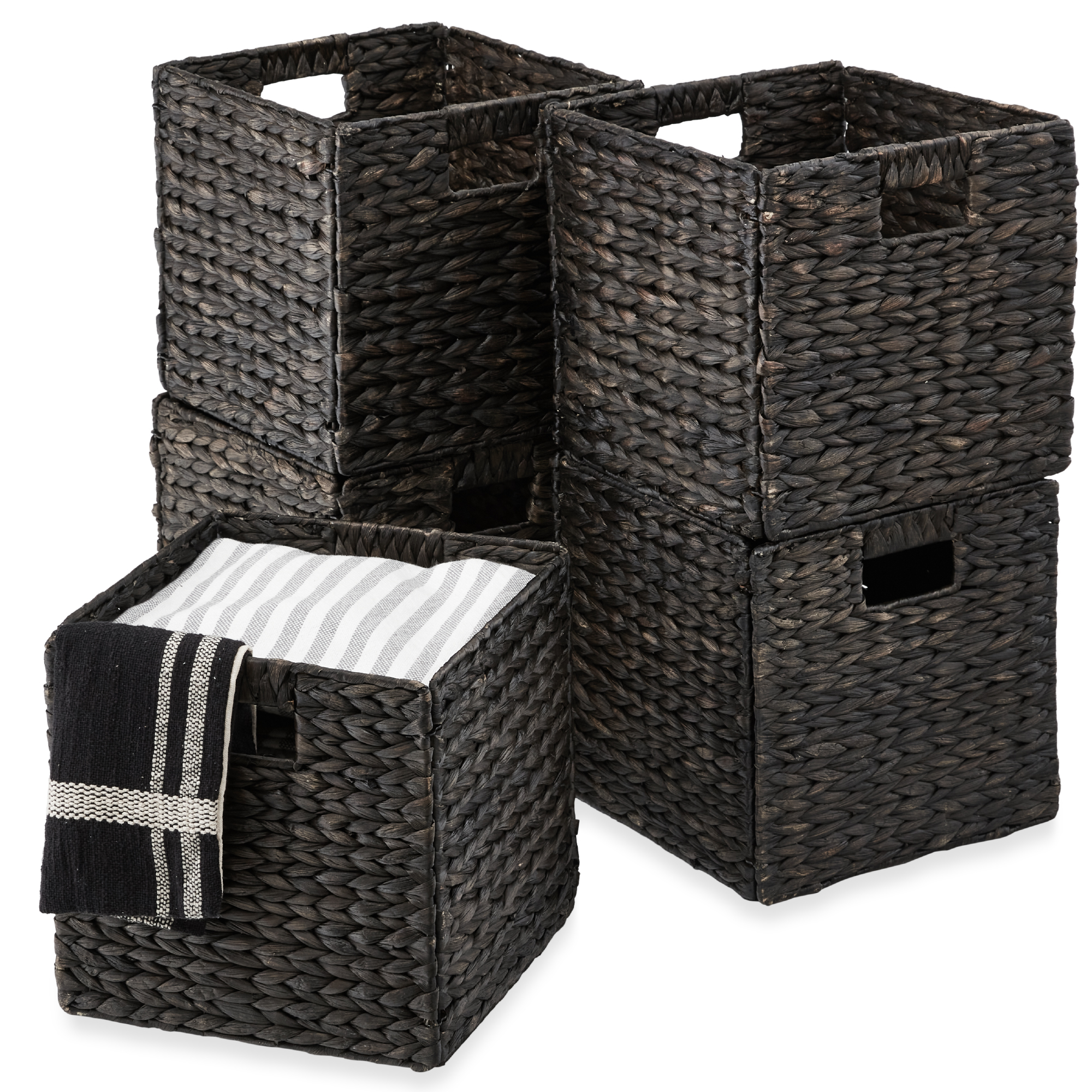 5-Set Hyacinth Baskets, Multipurpose Collapsible Organizers w/ Inserts - Black, 12x12in - Best Choice Products Online