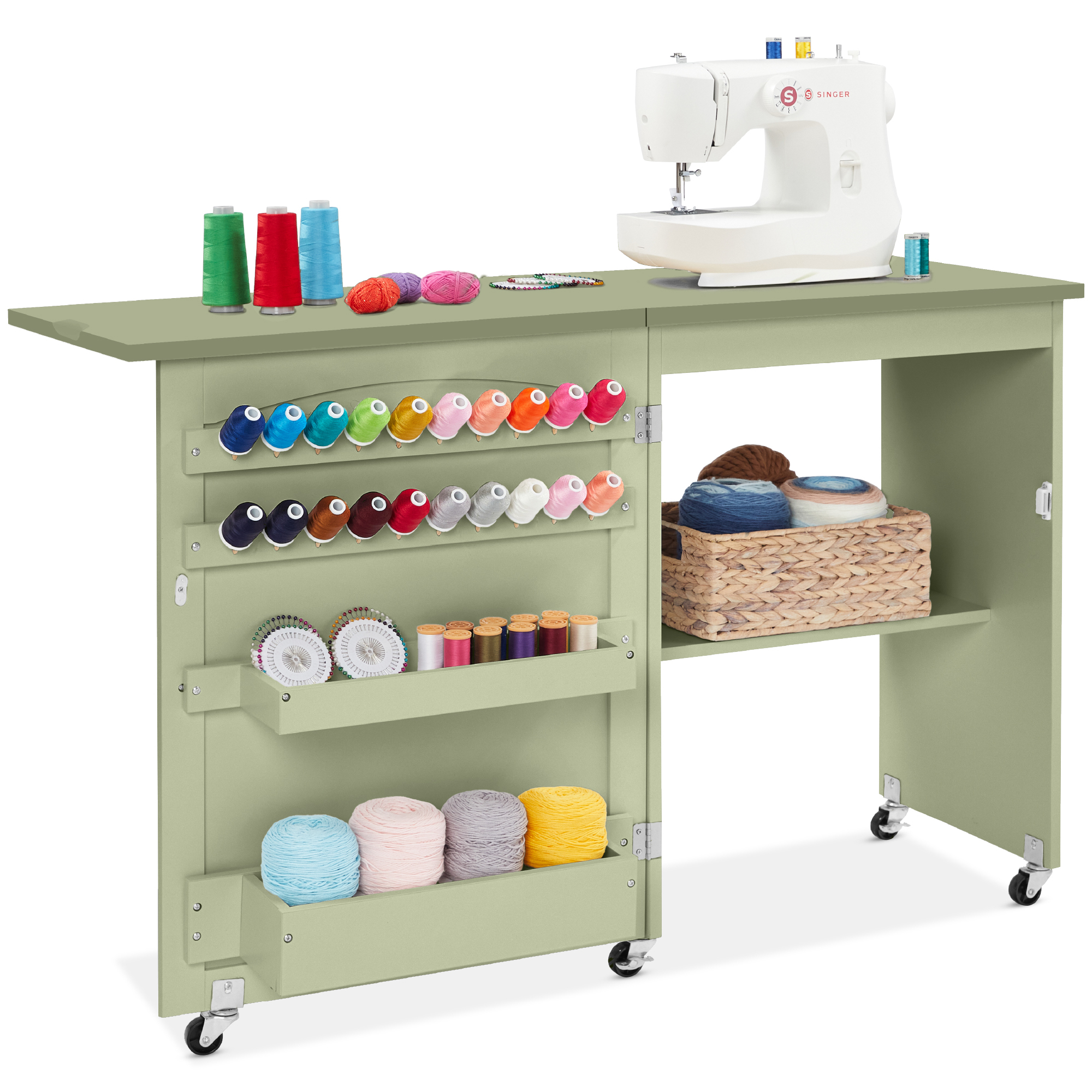 Folding Sewing Craft Table, Multipurpose Station & Side Desk w/ Wheels, Shelves, Bins, Pegs - Light Green - Best Choice Products Online