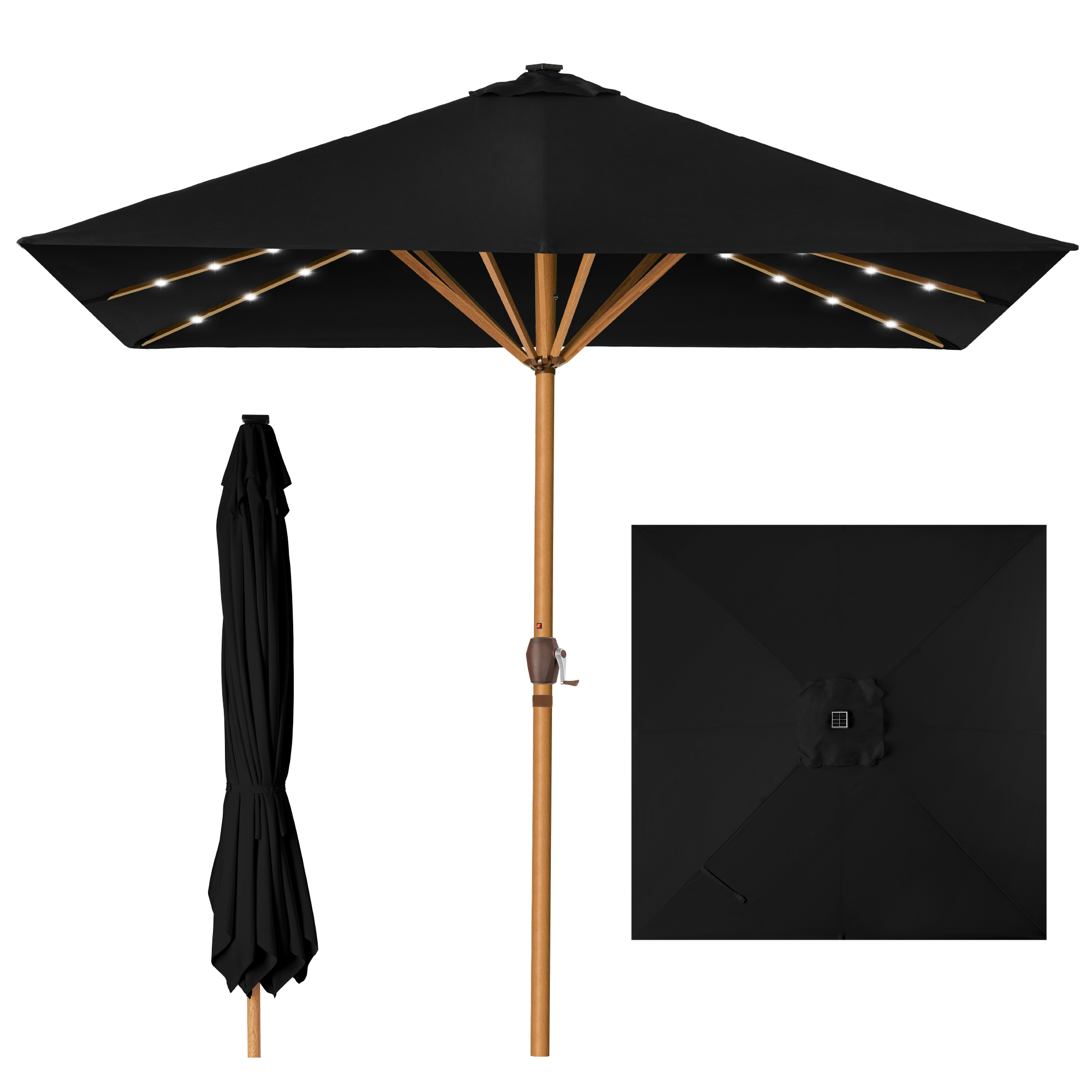 9ft Deep Square Solar LED Lighted Patio Umbrella w/ Faux Wood Texture, UV-Resistant - Black - Best Choice Products Online