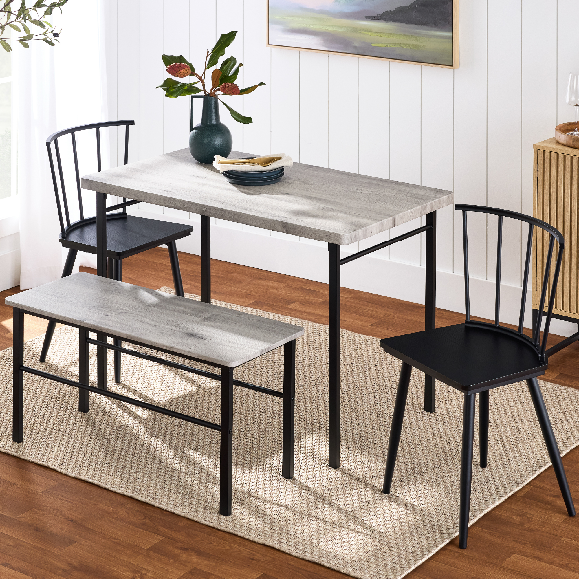 4-Piece Dining Kitchen Table Set w/ 2 Black Spindle-Back Chairs, Bench - Gray - Best Choice Products Online