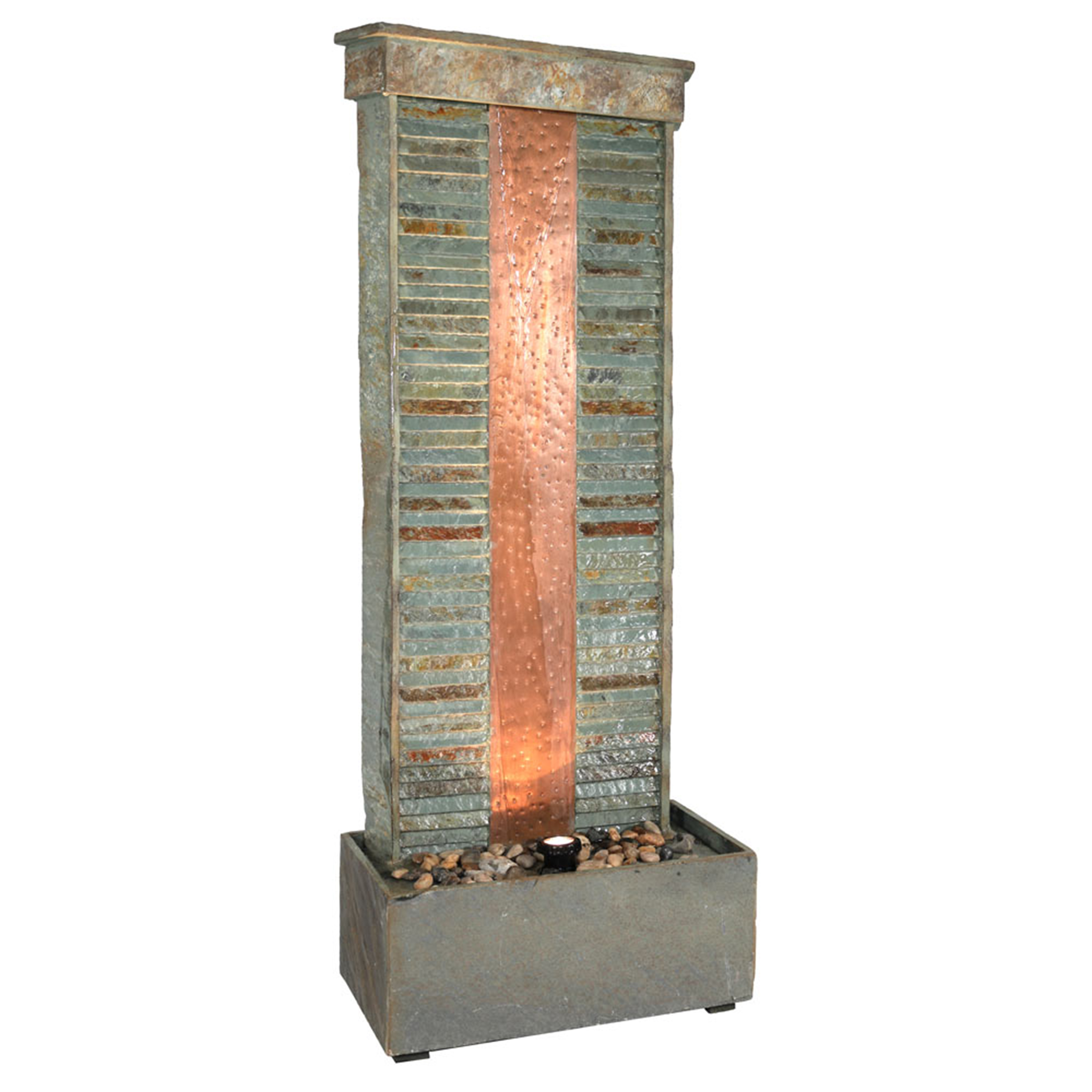 Sunnydaze Rippled Slate Indoor Water Fountain with Copper & Spotlight - 48-Inch