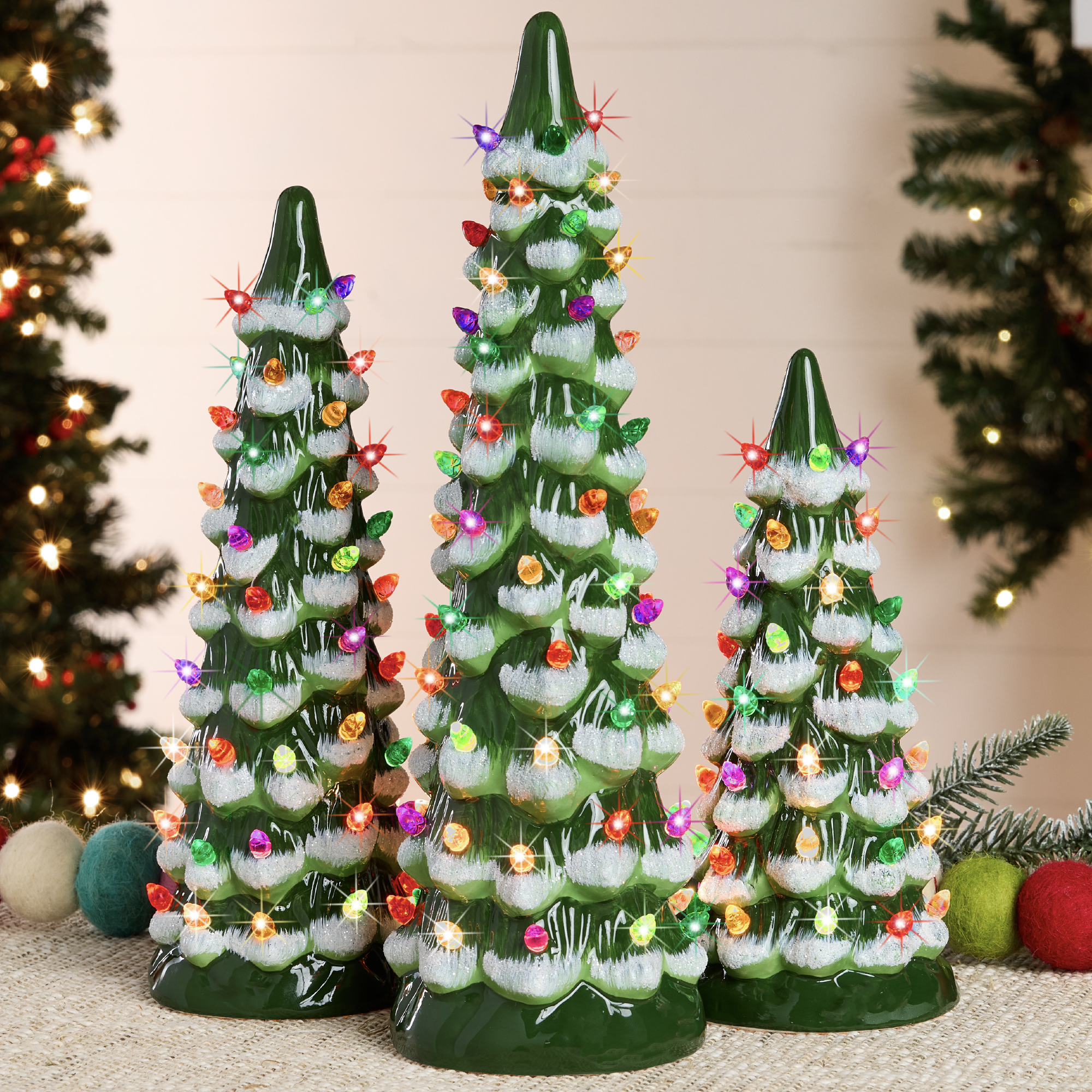 Set of 3 Pre-Lit Hand-Painted Ceramic Tabletop Christmas Trees w/ Multicolor Lights - Flocked Green - Best Choice Products Online