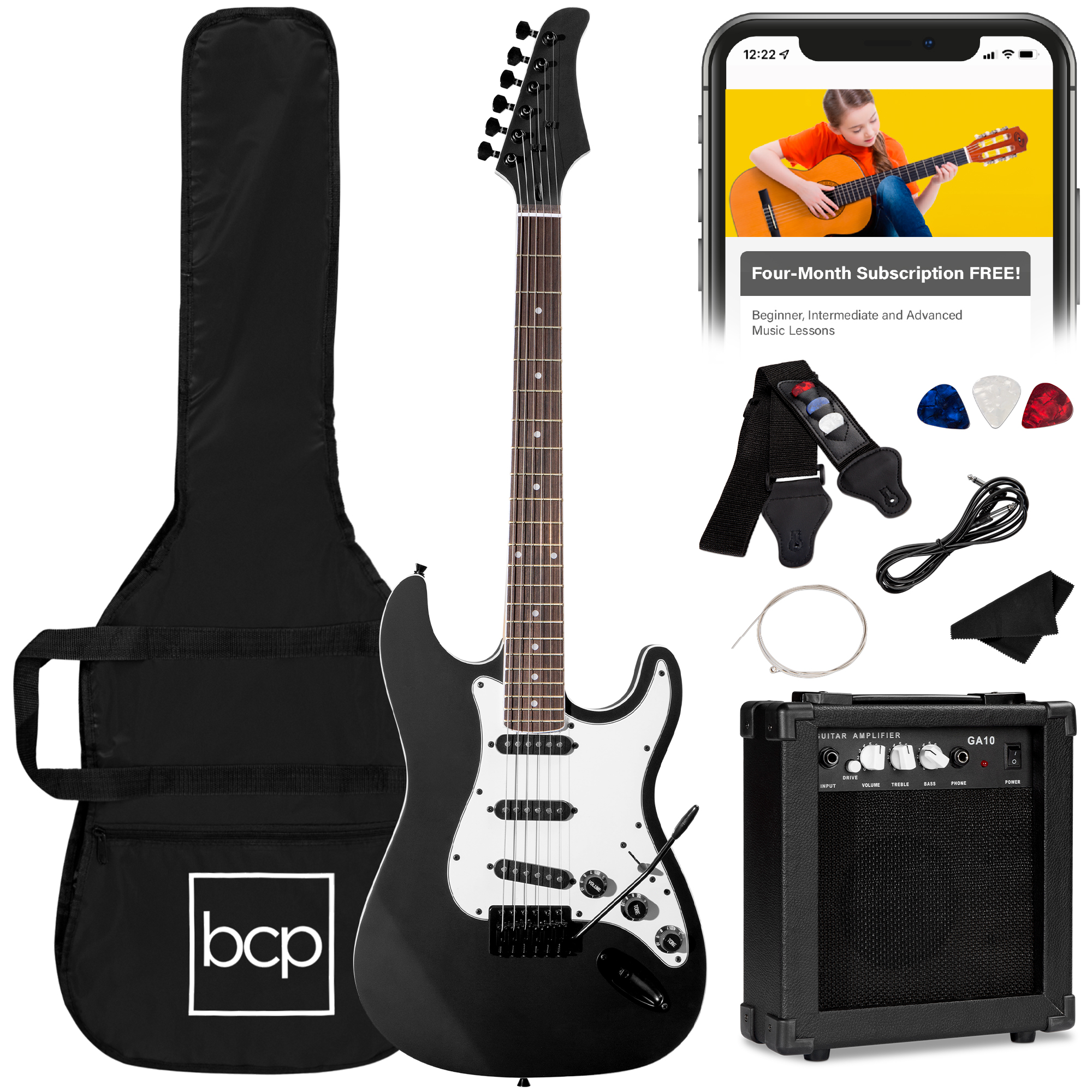 39in Full Size Beginner Electric Guitar Kit w/ Case, Strap, Amp, Whammy Bar - Jet Black - Best Choice Products Online