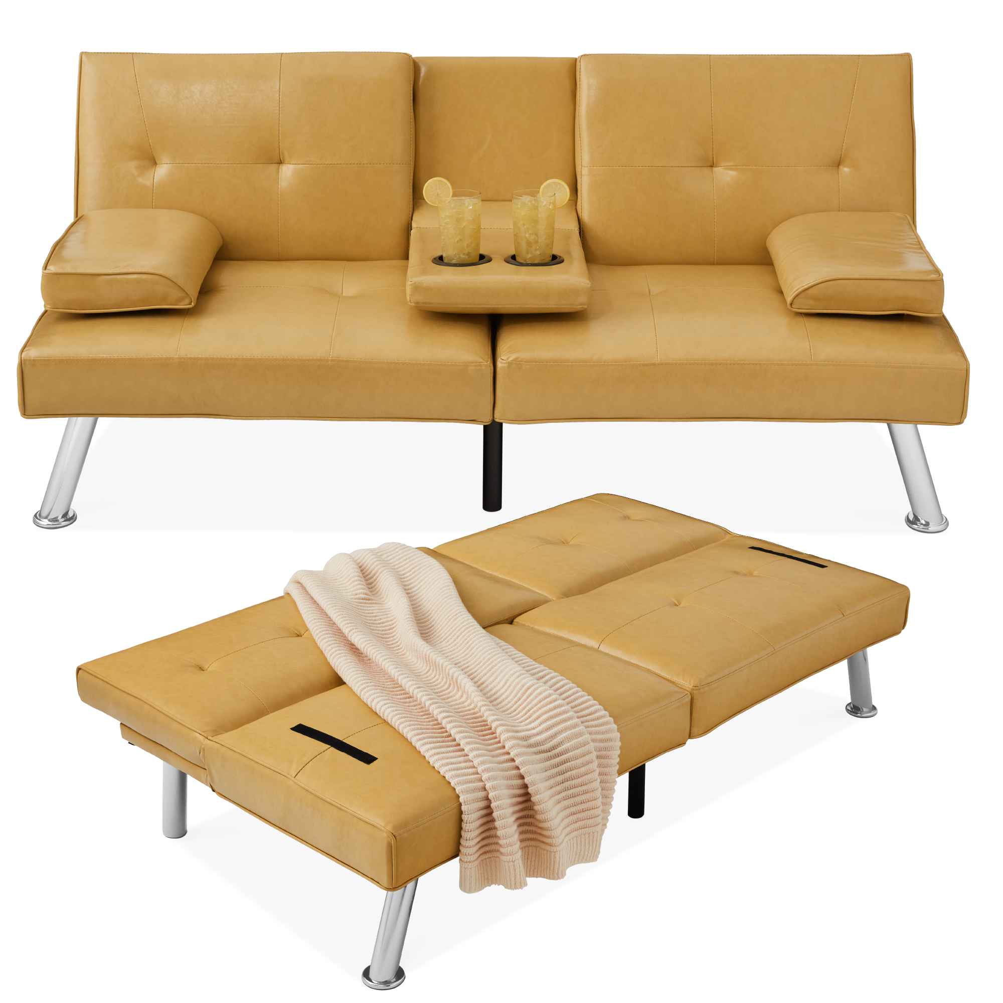 Modern Faux Leather Convertible Futon Sofa w/ Removable Armrests, 2 Cupholders - Camel Yellow - Best Choice Products Online