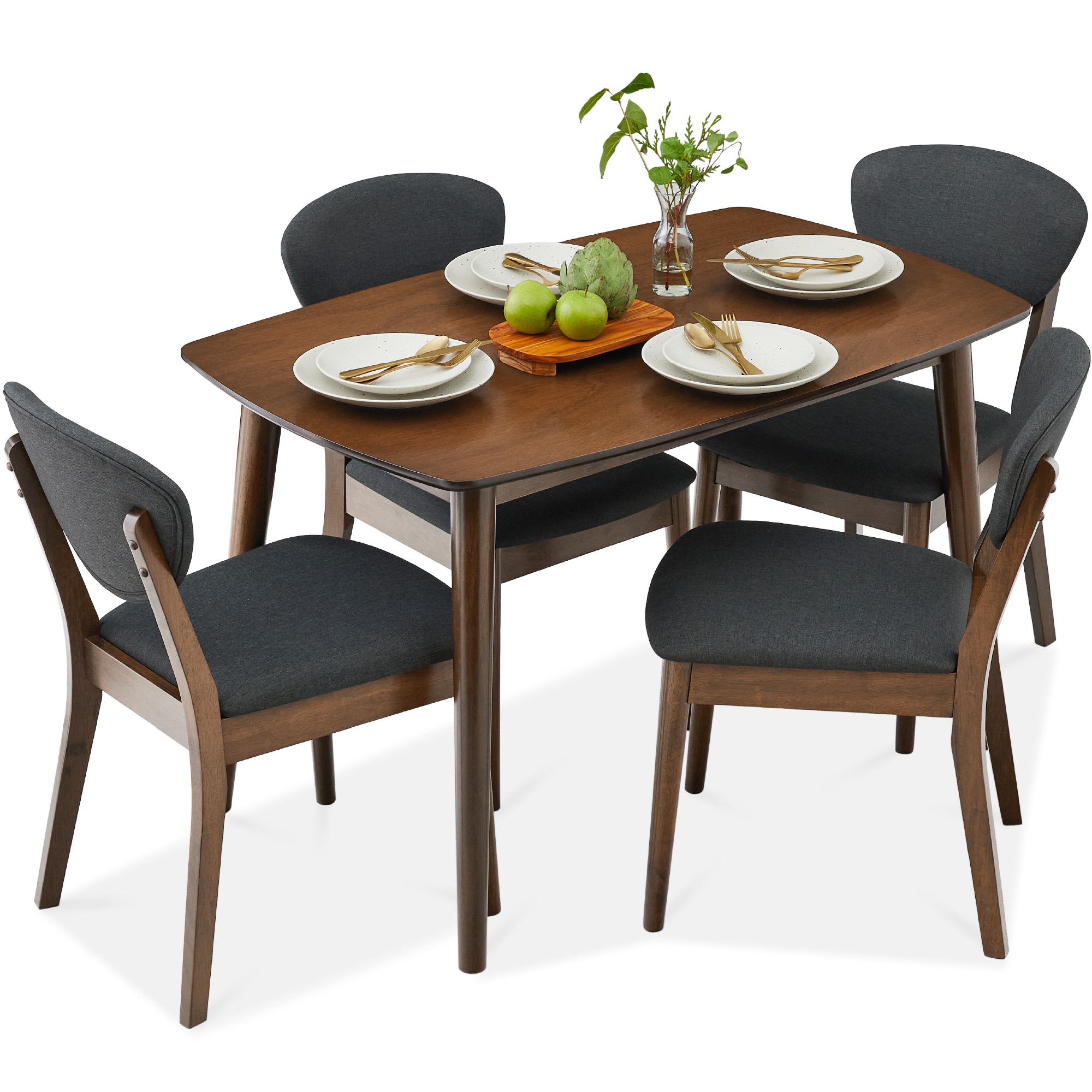 Compact 5-Piece Wooden Mid-Century Modern Dining Set w/ 4 Chairs, Padded Seat & Back - Charcoal/Walnut - Best Choice Products Online