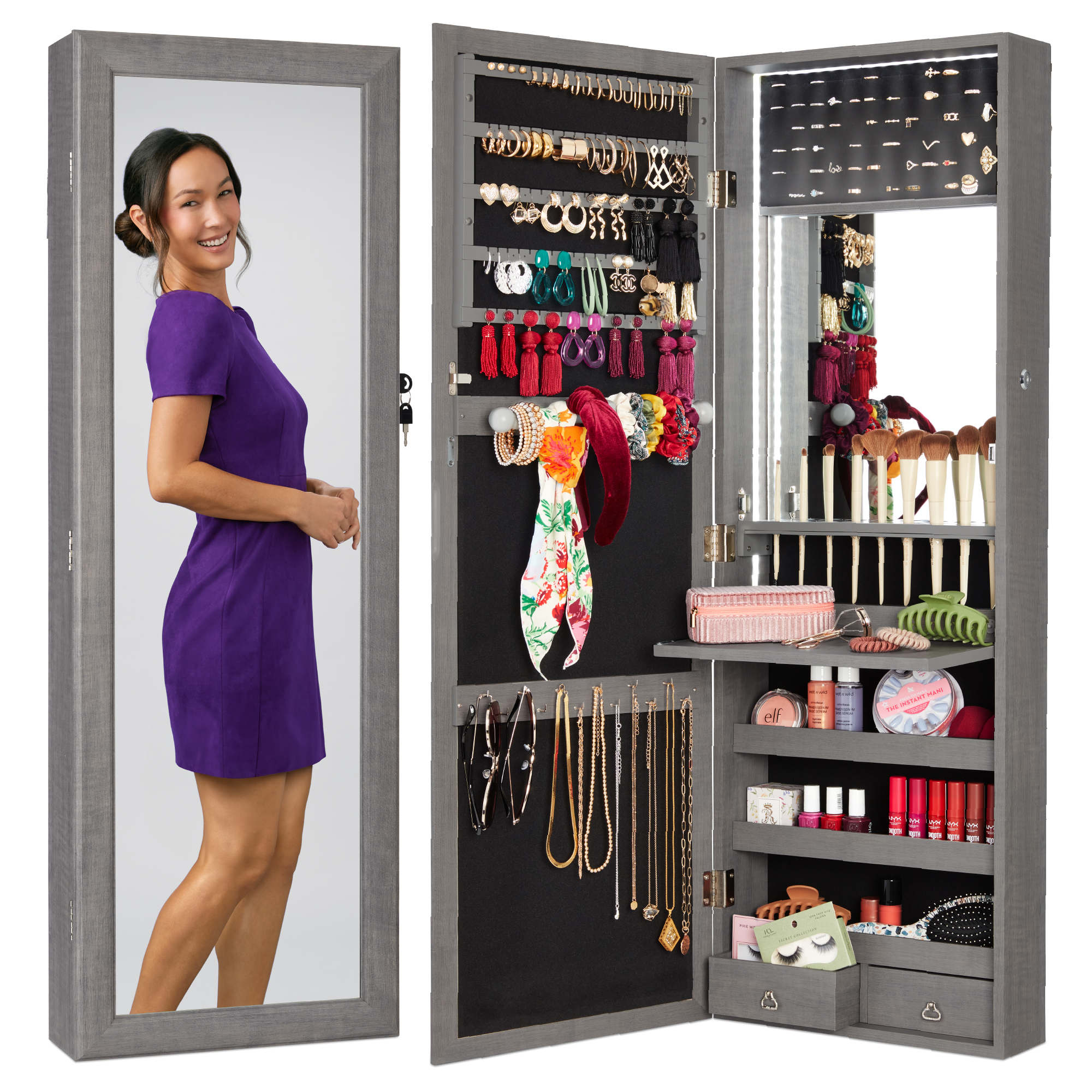 Wall & Door Mount Hanging Mirror Jewelry Armoire Cabinet w/ LED Lights, Cosmetics Tray, Lock - Gray Oak - Best Choice Products Online