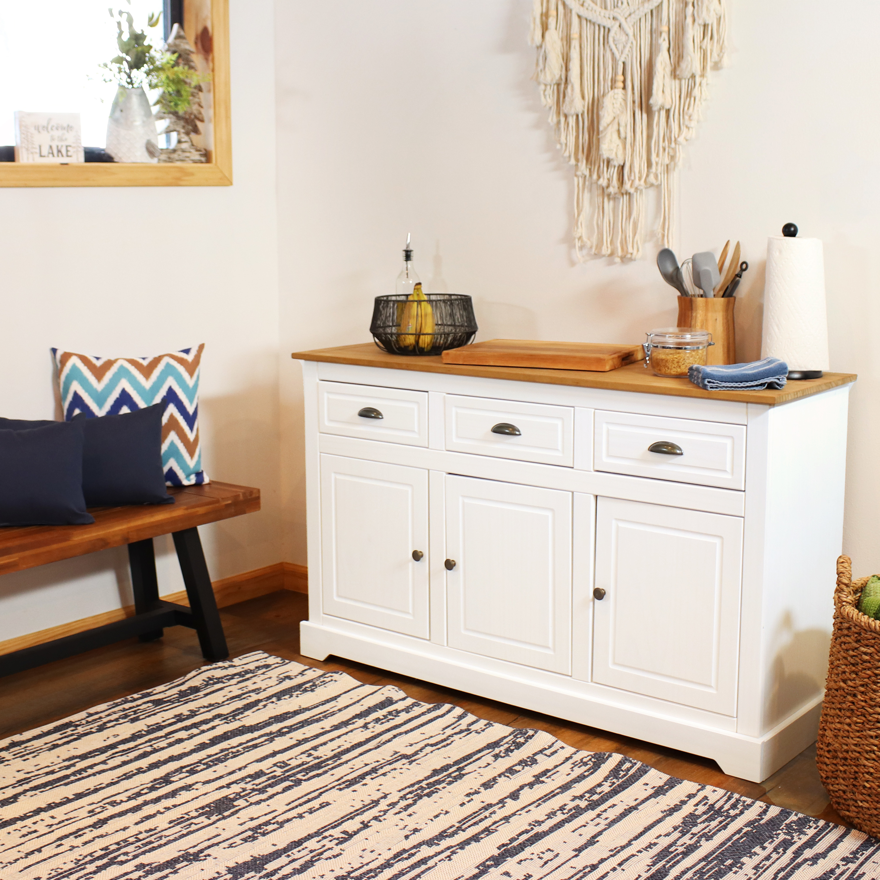 Solid Pine Sideboard with 3 Drawers and 3 Doors - White