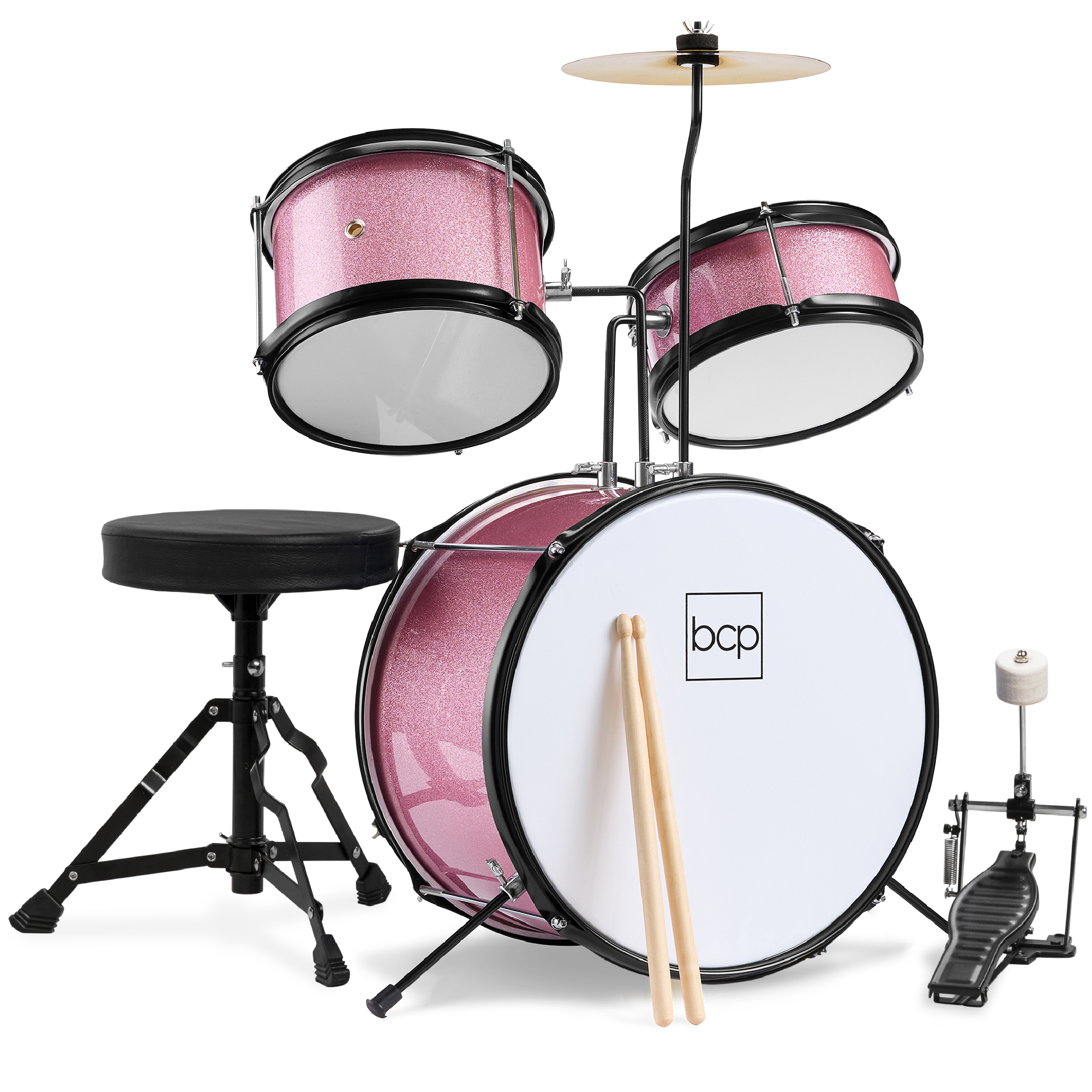 Best Choice Products Kids Beginner 3-Piece Drum, Musical Instrument Set w/ Sticks, Cushioned Stool, Drum Pedal - Pink Sparkle