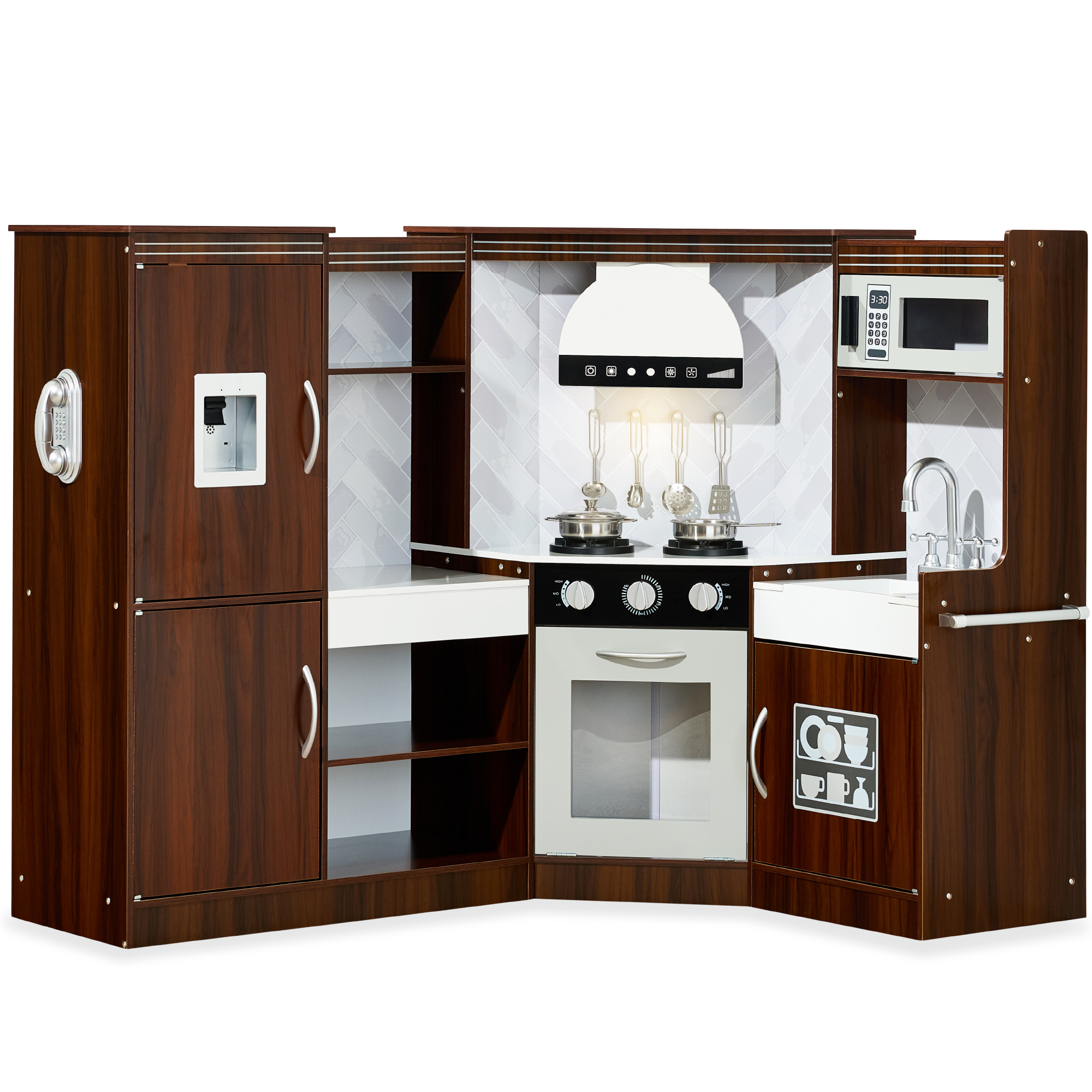 Pretend Play Corner Kitchen, Ultimate Wooden Toy Set For Kids w/ 6 Accessories - Espresso - Best Choice Products Online