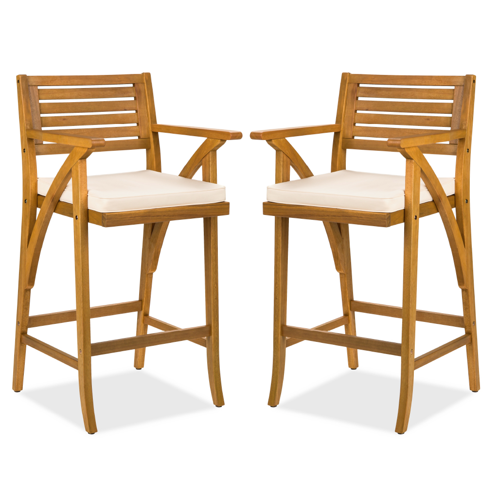 2 Outdoor Acacia Wood Bar Stools, Bar Chairs w/ Weather-Resistant Cushions - Teak Finish - Best Choice Products Online