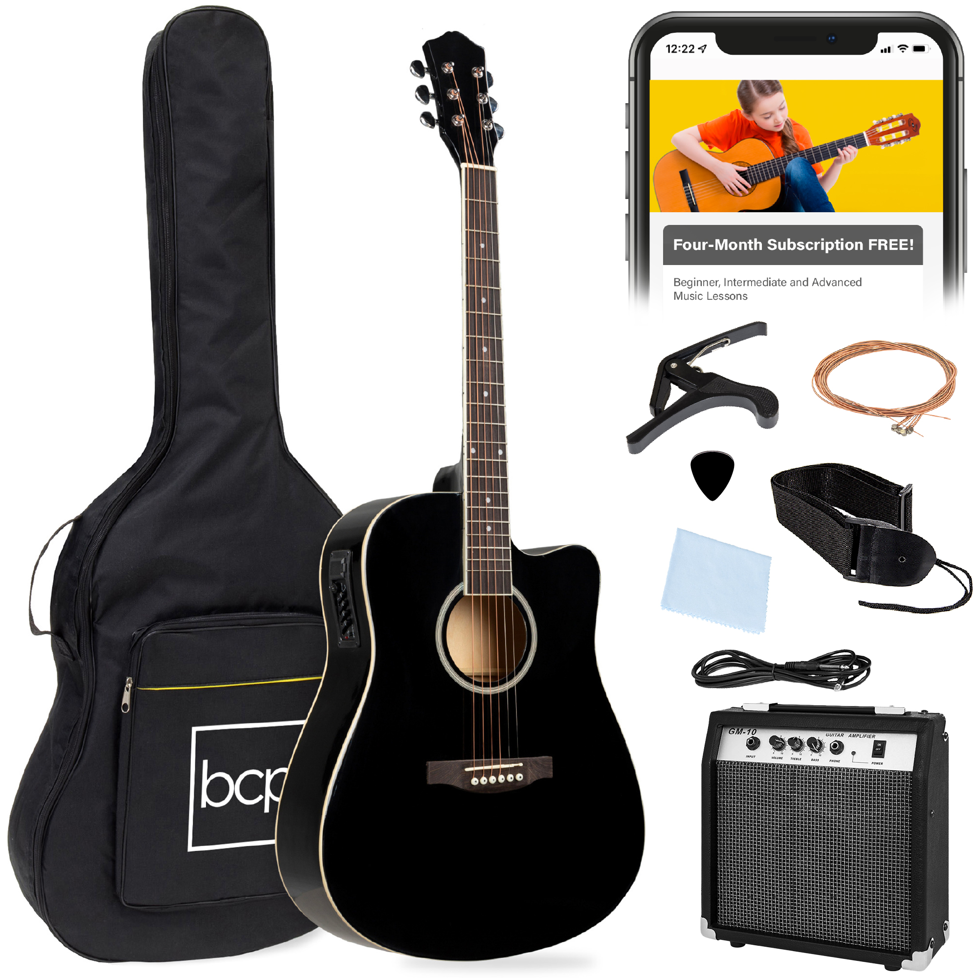 Beginner Acoustic Electric Guitar Starter Set 41in w/ Wood Cutaway Design, Gig Bag - Black - Best Choice Products Online