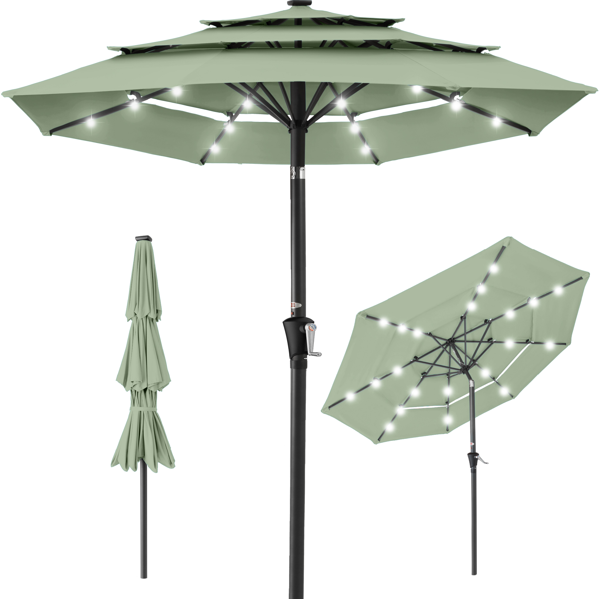 10ft 3-Tier Solar Patio Umbrella w/ 24 LED Lights, Tilt Adjustment, Easy Crank - Sage Green - Best Choice Products Online