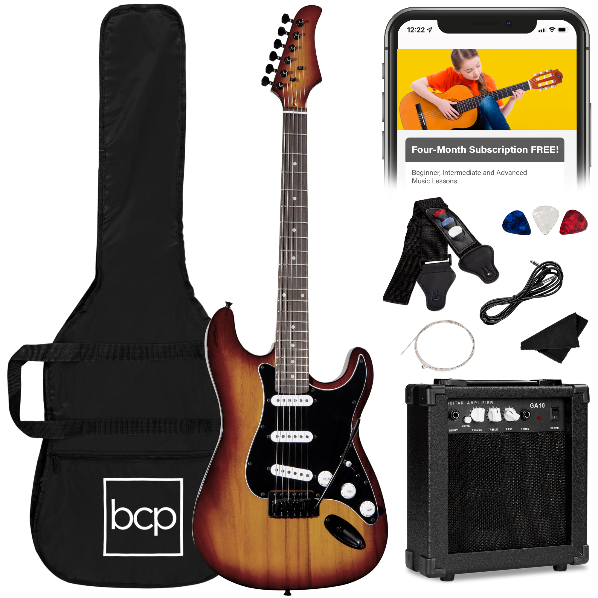 39in Full Size Beginner Electric Guitar Kit w/ Case, Strap, Amp, Whammy Bar - Bourbon - Best Choice Products Online