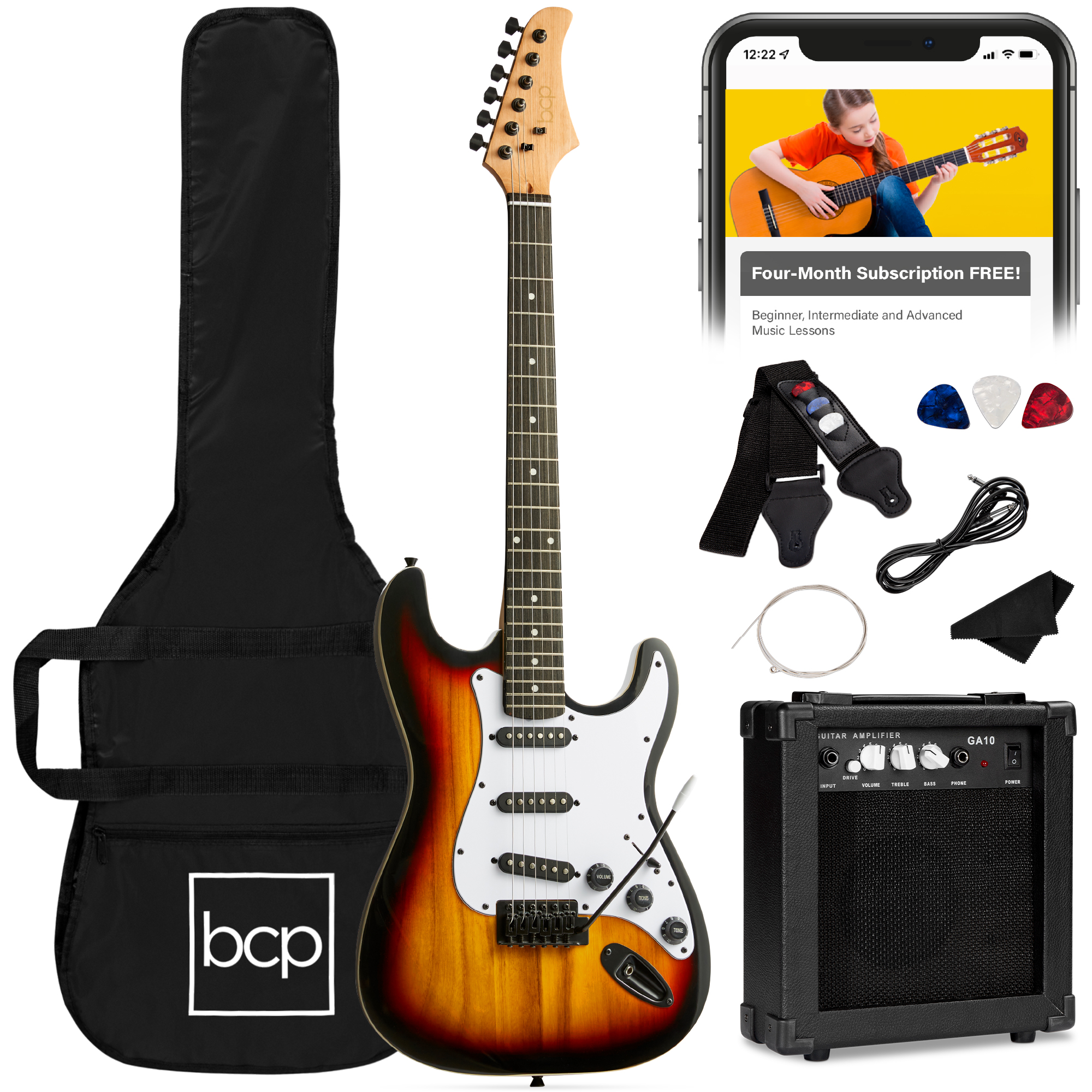 39in Full Size Beginner Electric Guitar Kit w/ Case, Strap, Amp, Whammy Bar - 3-Color Sunburst - Best Choice Products Online