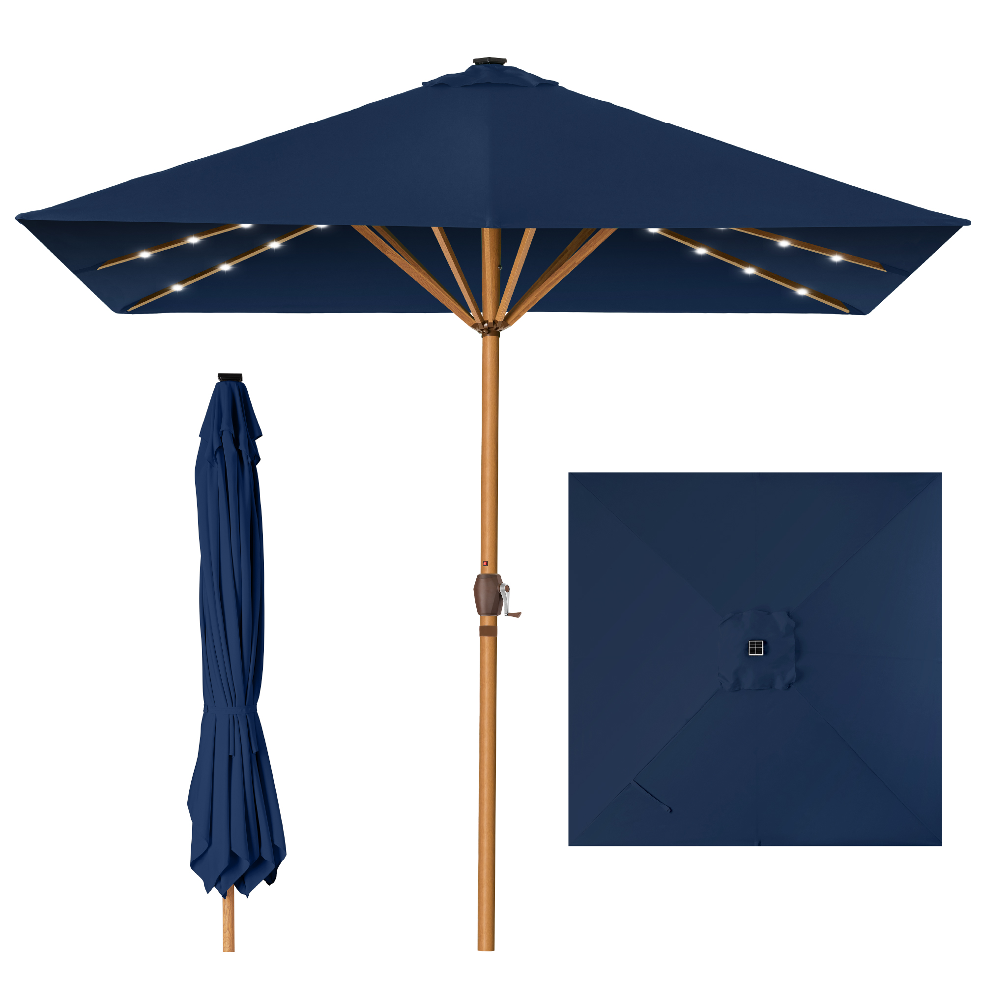 9ft Deep Square Solar LED Lighted Patio Umbrella w/ Faux Wood Texture, UV-Resistant - Navy Blue - Best Choice Products Online